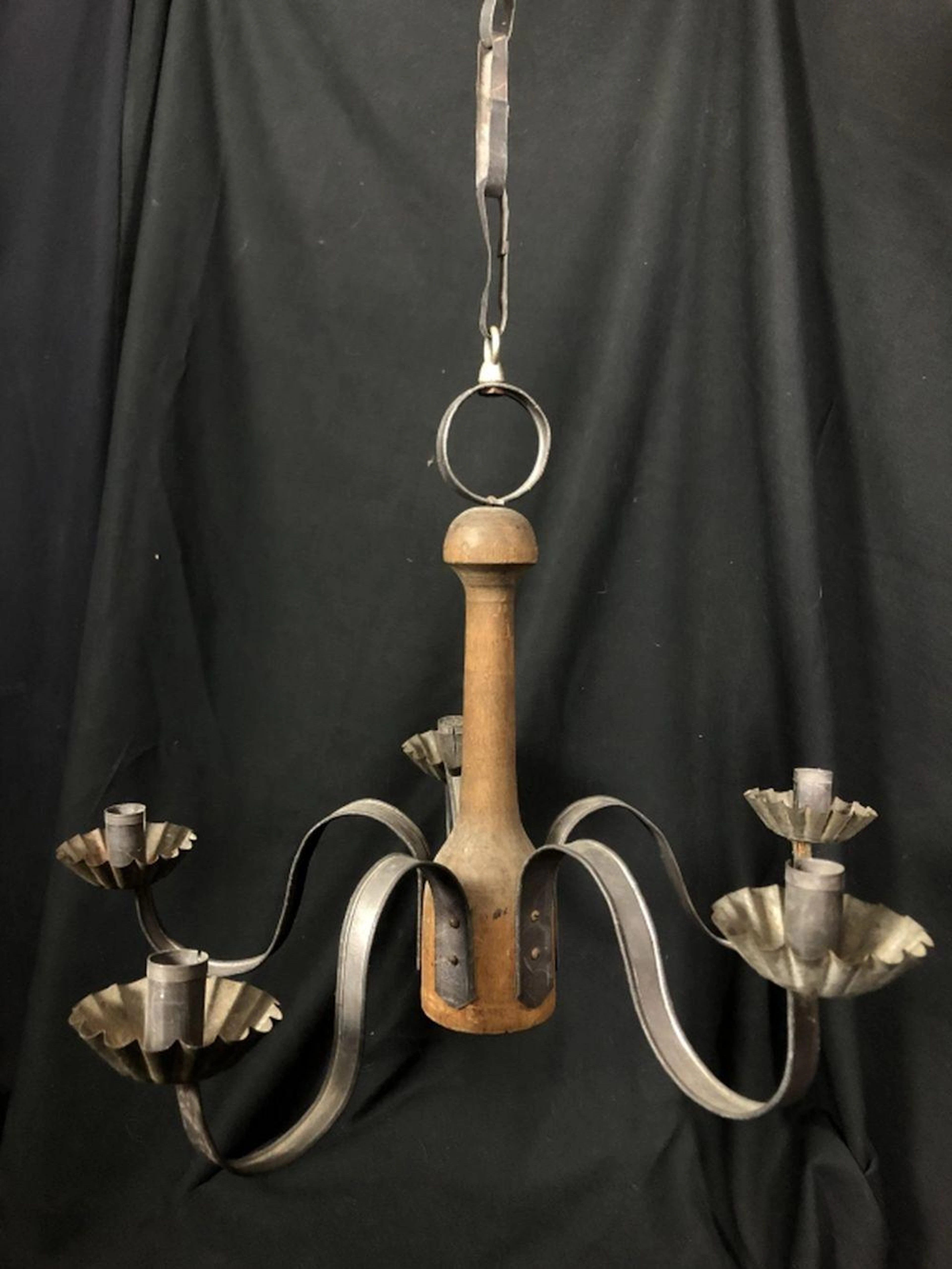 Rare Early Shaker Tin & Wood 5-Candle Chandelier