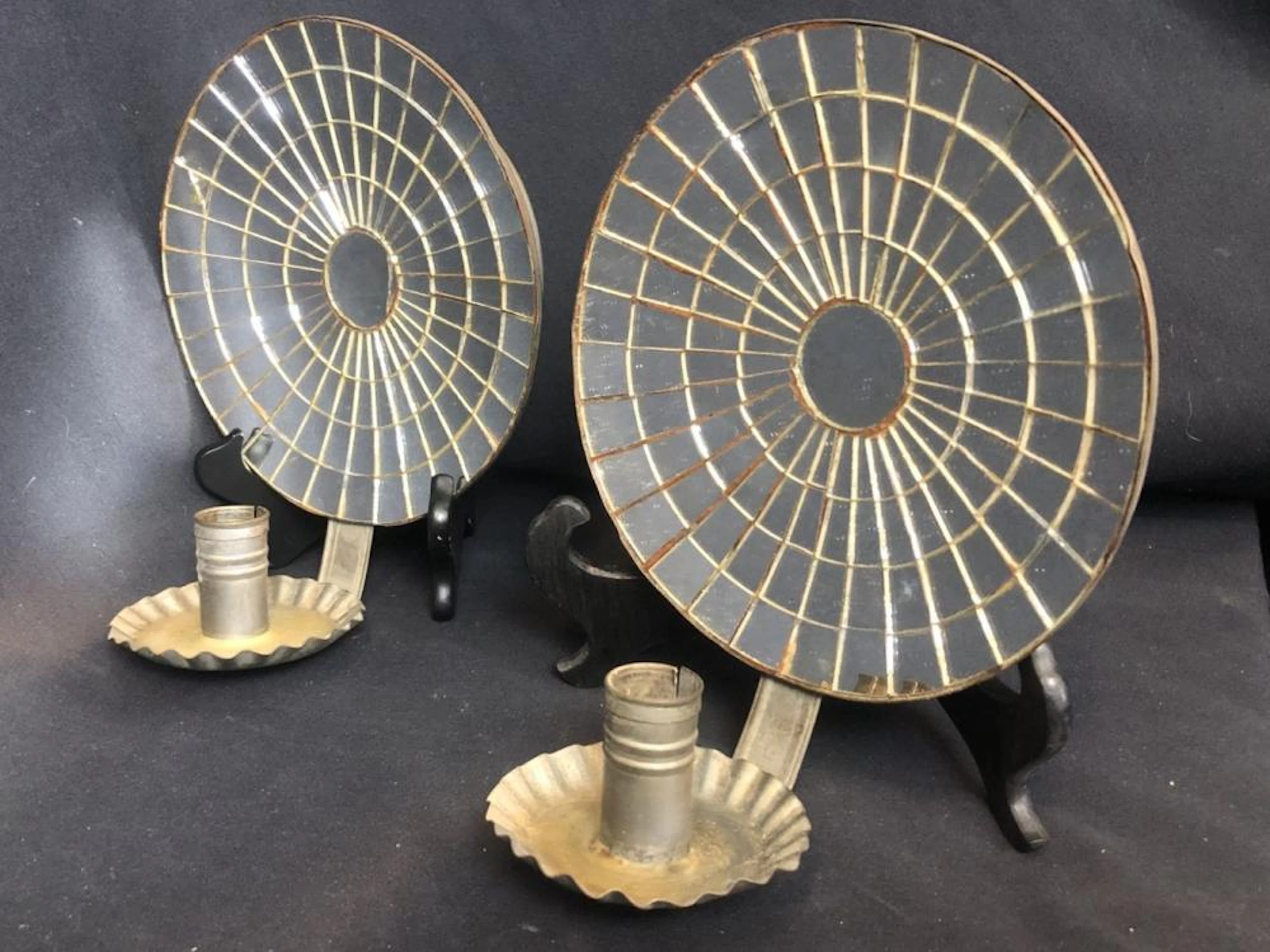 Rare Pr. Round Mirrored Tole Tin Candle Sconces