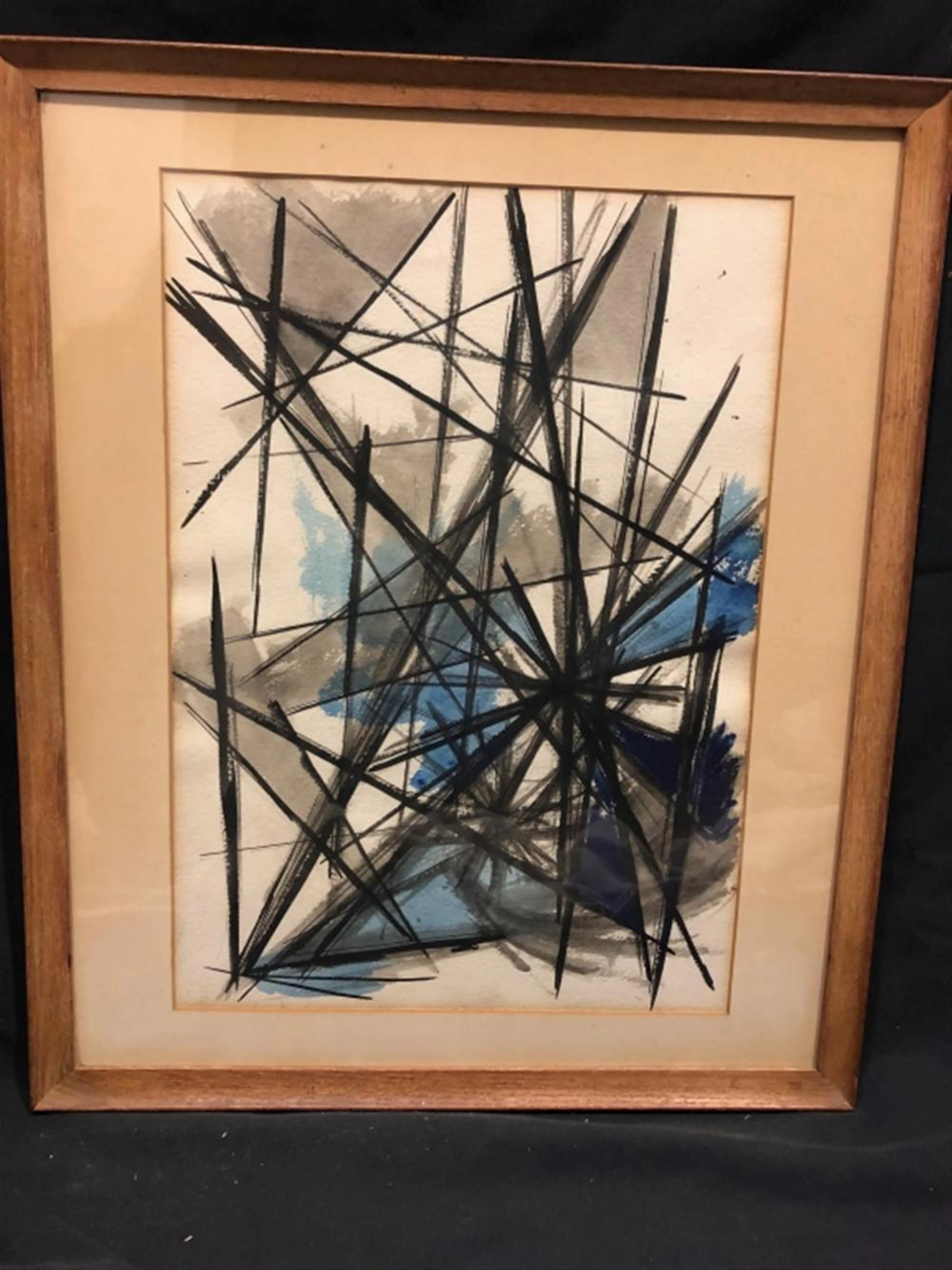 Mid-Century Abstract Watercolor Blacks/Blue