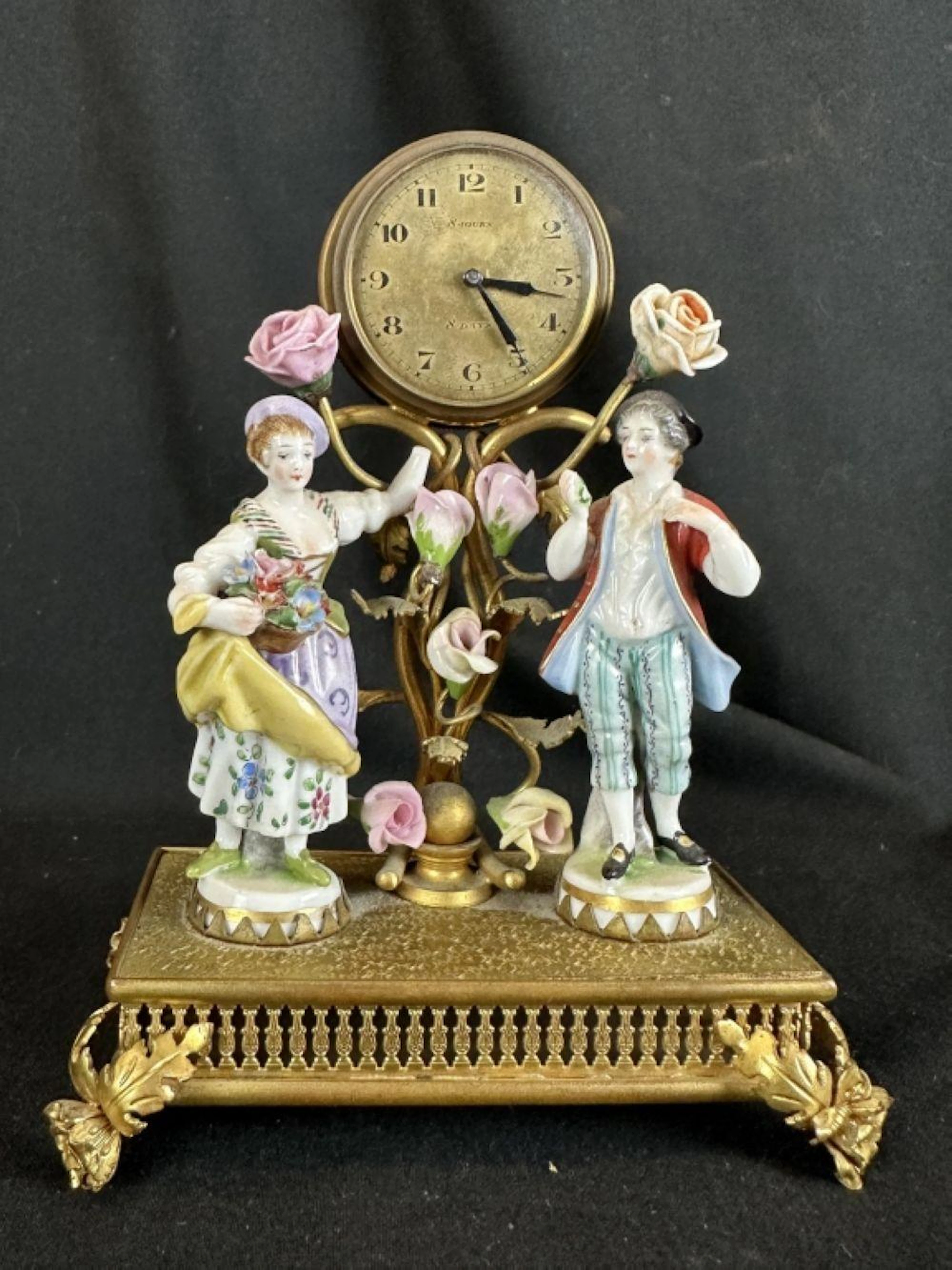 French Porcelain Louis XIV Figurine Vanity Clock