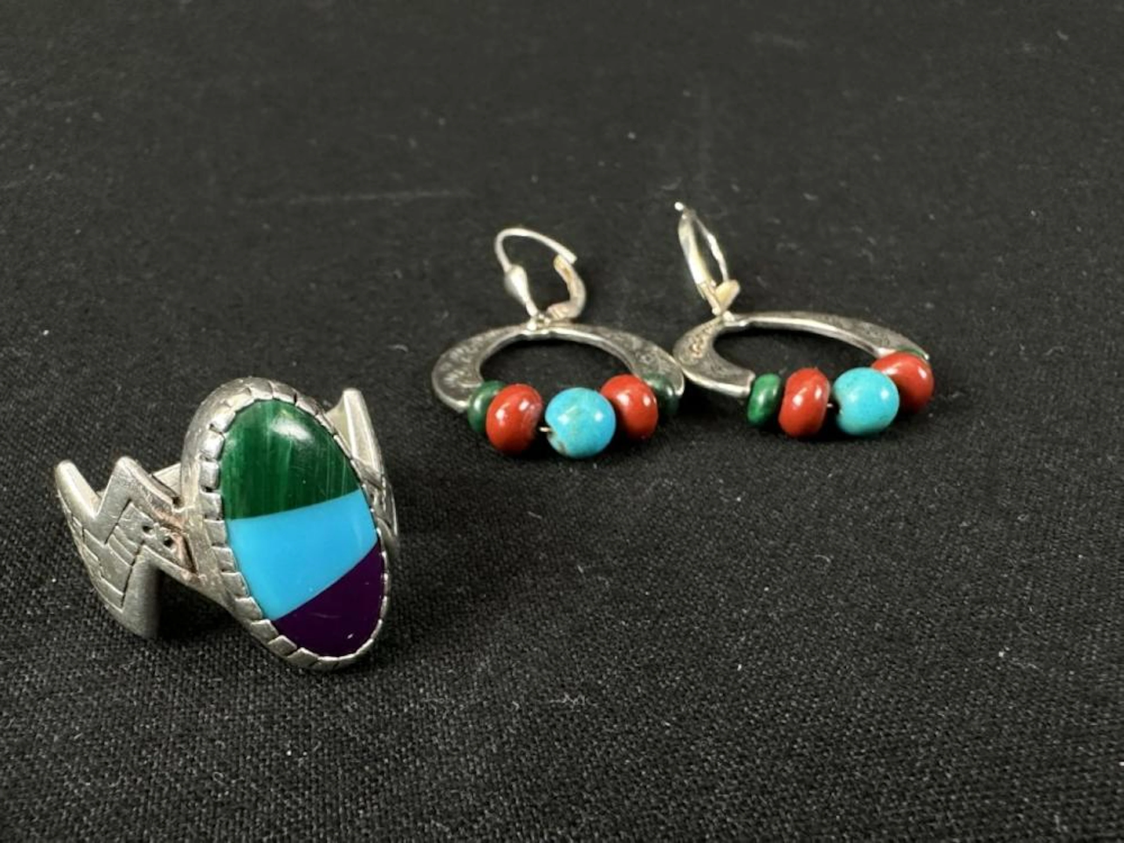 Southwestern SS Tri-Color Turquoise Ring &Earrings