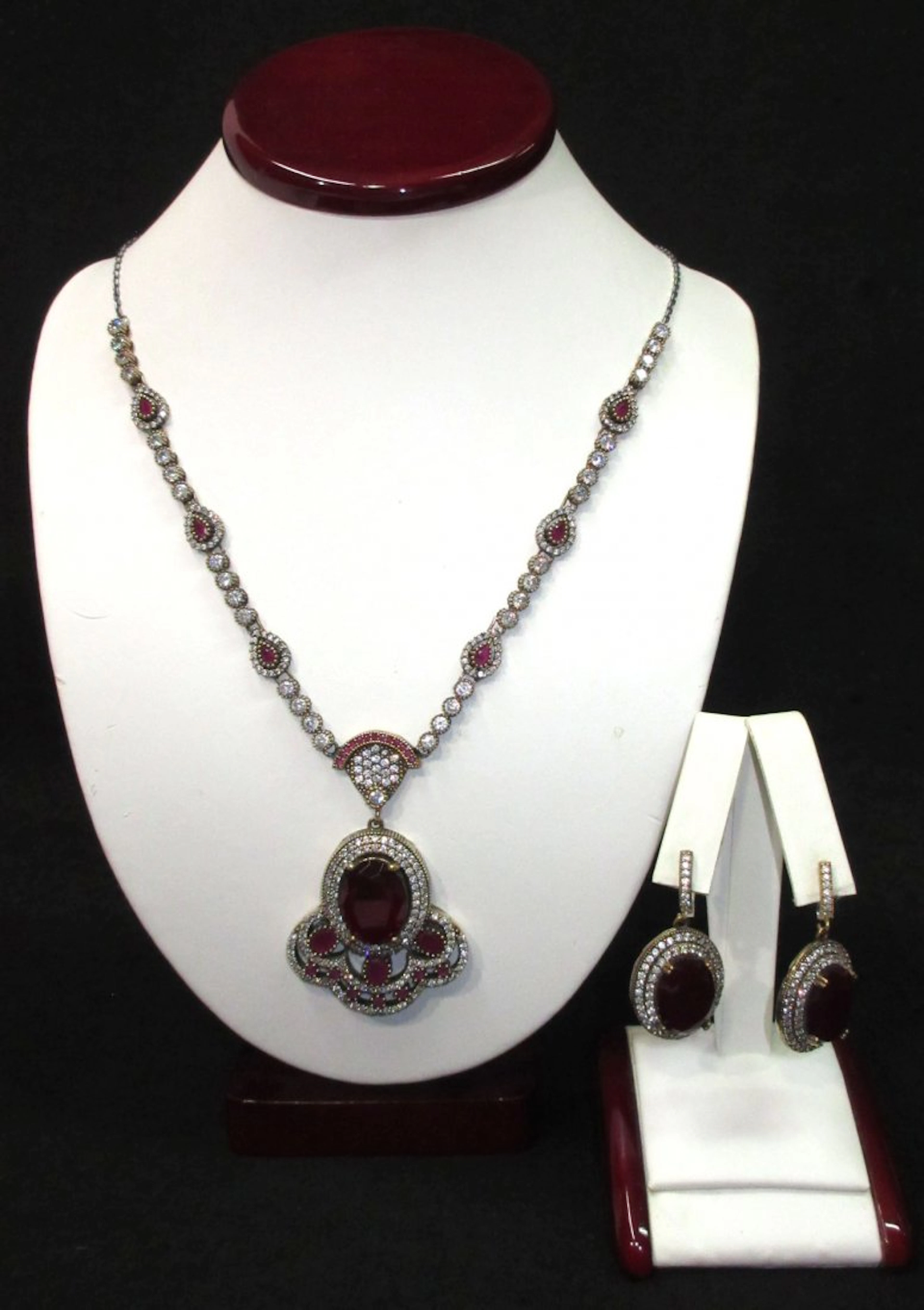Silver, Garnet, & Marcasite Necklace & Earrings