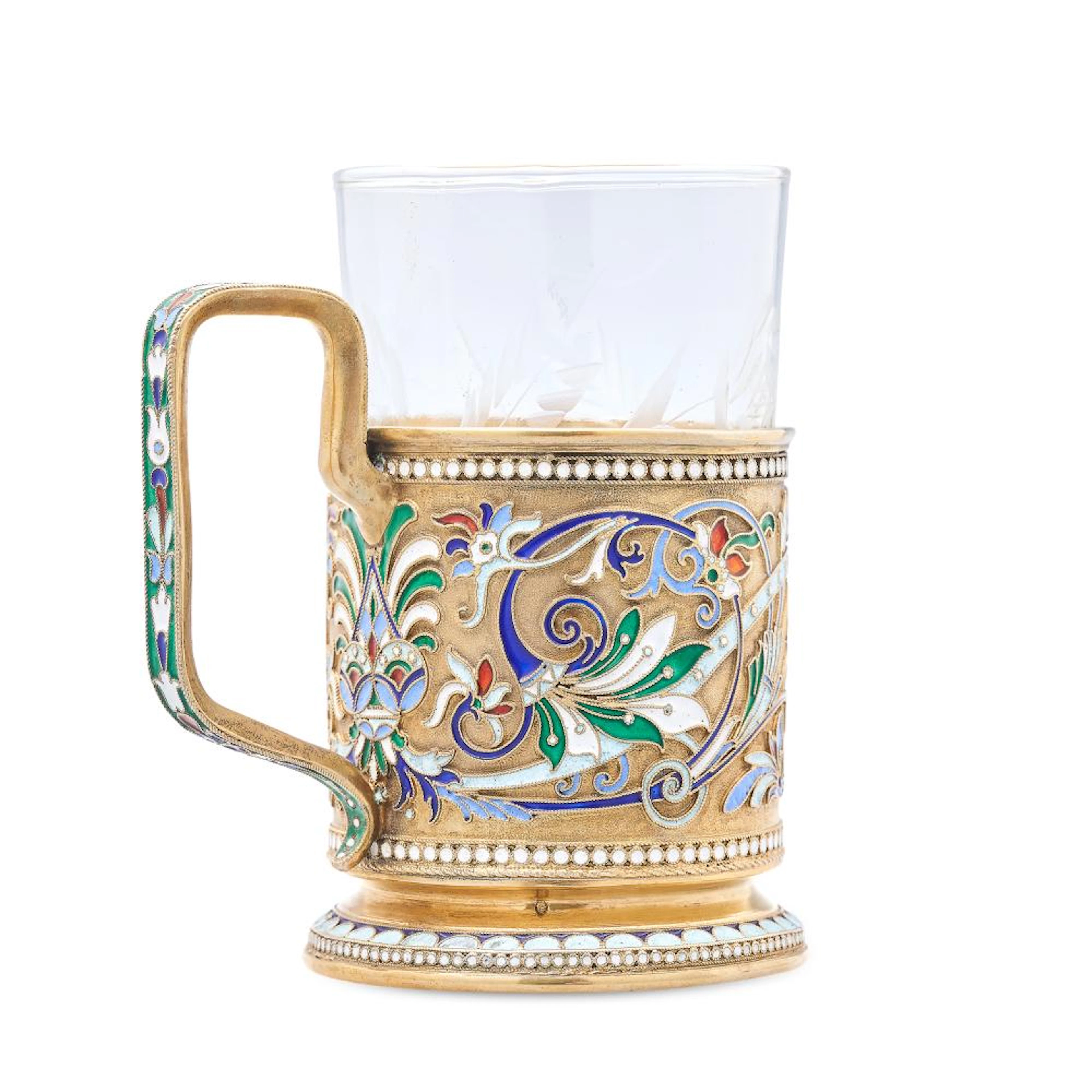 AN ANTIQUE IMPERIAL RUSSIAN ENAMEL PODSTAKANNIK / TEA GLASS HOLDER