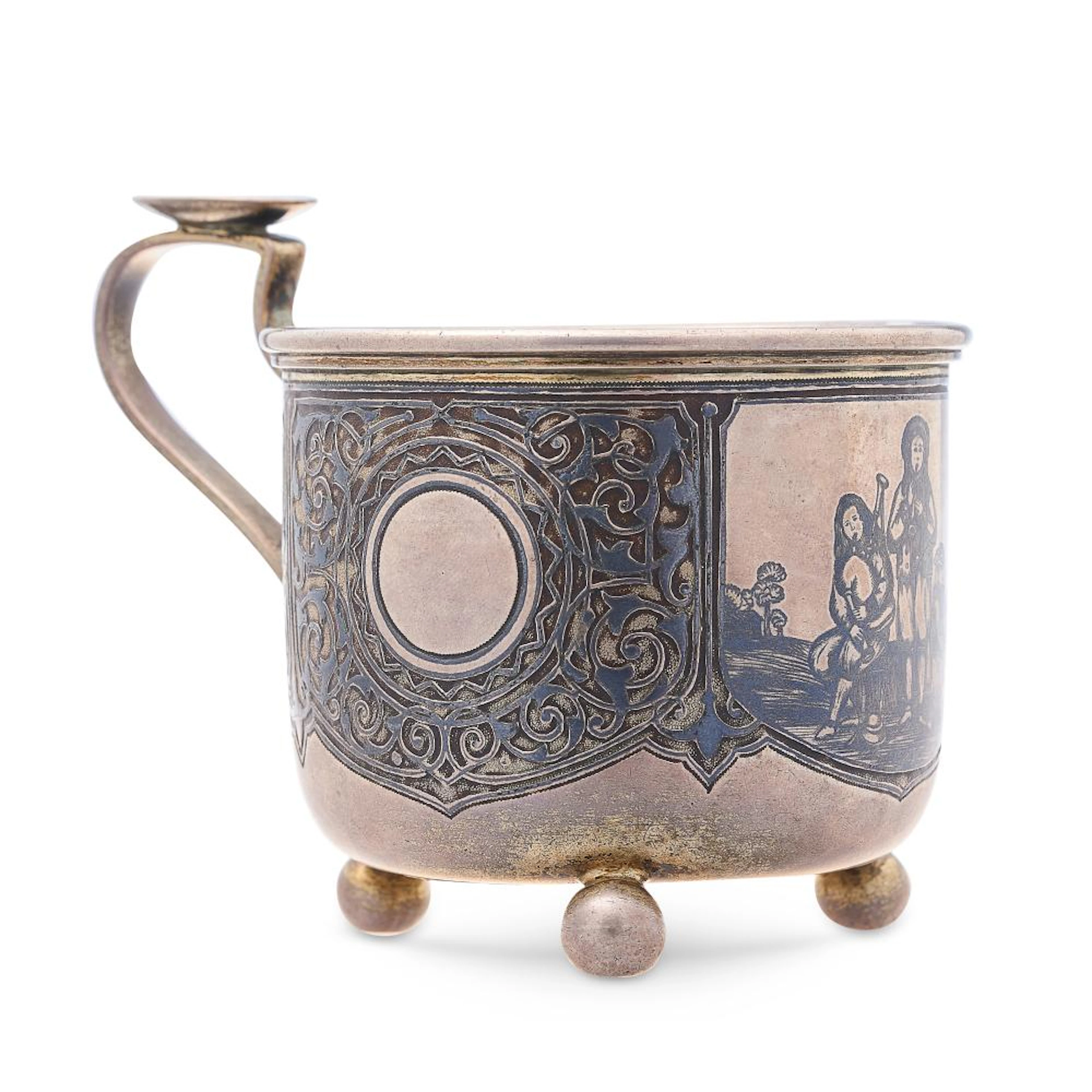 AN ANTIQUE IMPERIAL RUSSIAN SILVER NIELLO TEA GLASS HOLDER / PODSTAKANNIK