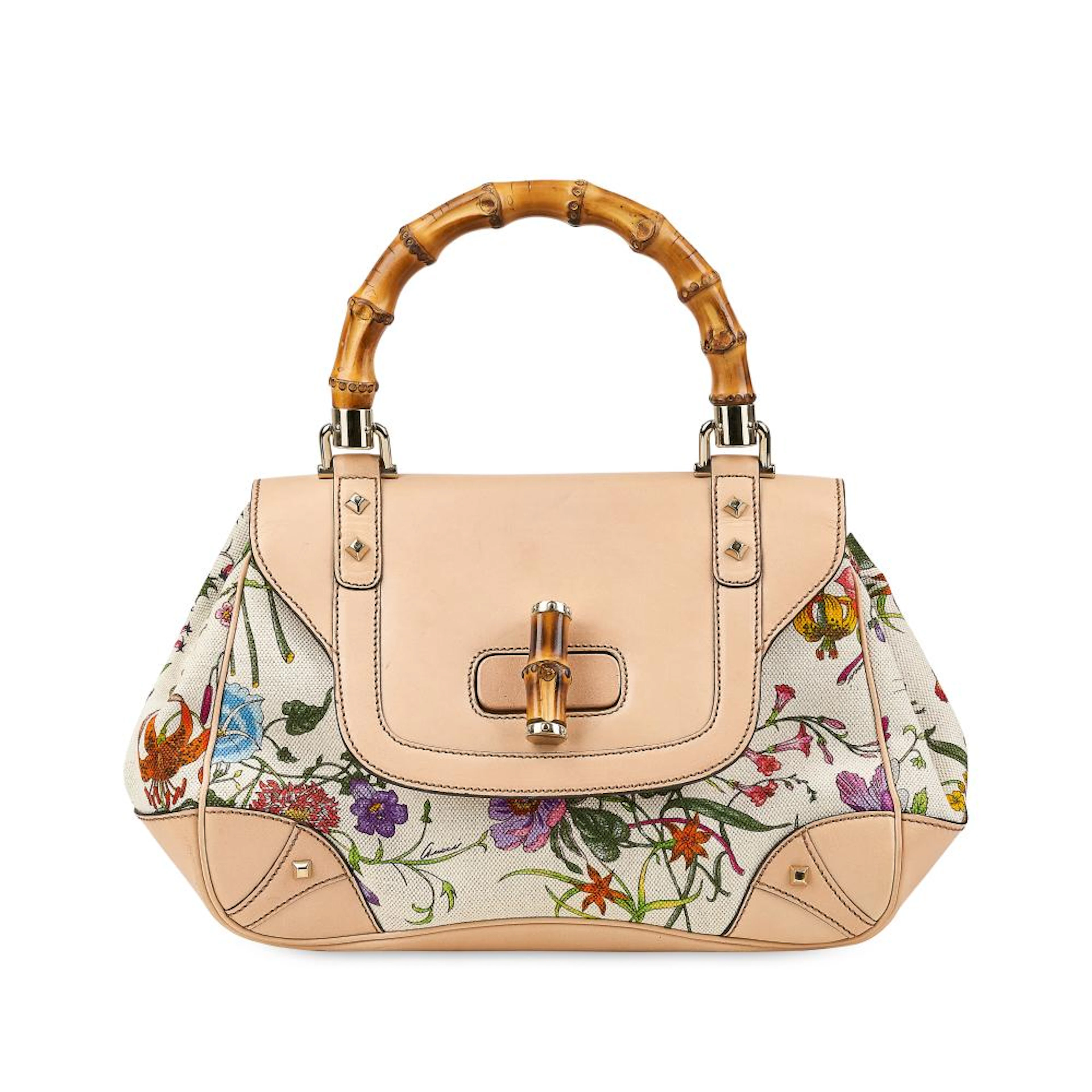 GUCCI, A FLORAL PRINT BAMBOO TOP HANDLE BAG.