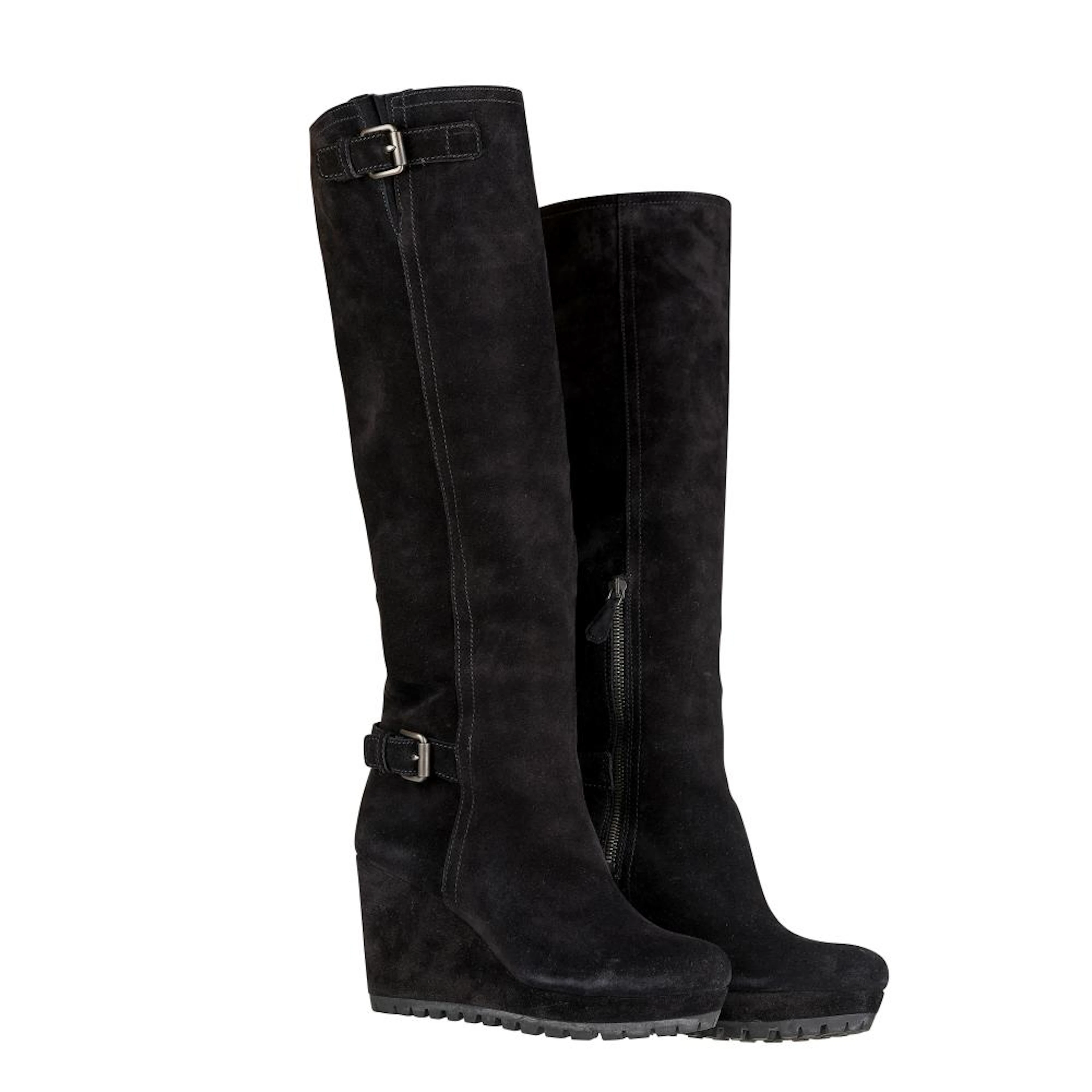 PRADA, BLACK SUEDE WEDGE KNEE HIGH BOOTS.