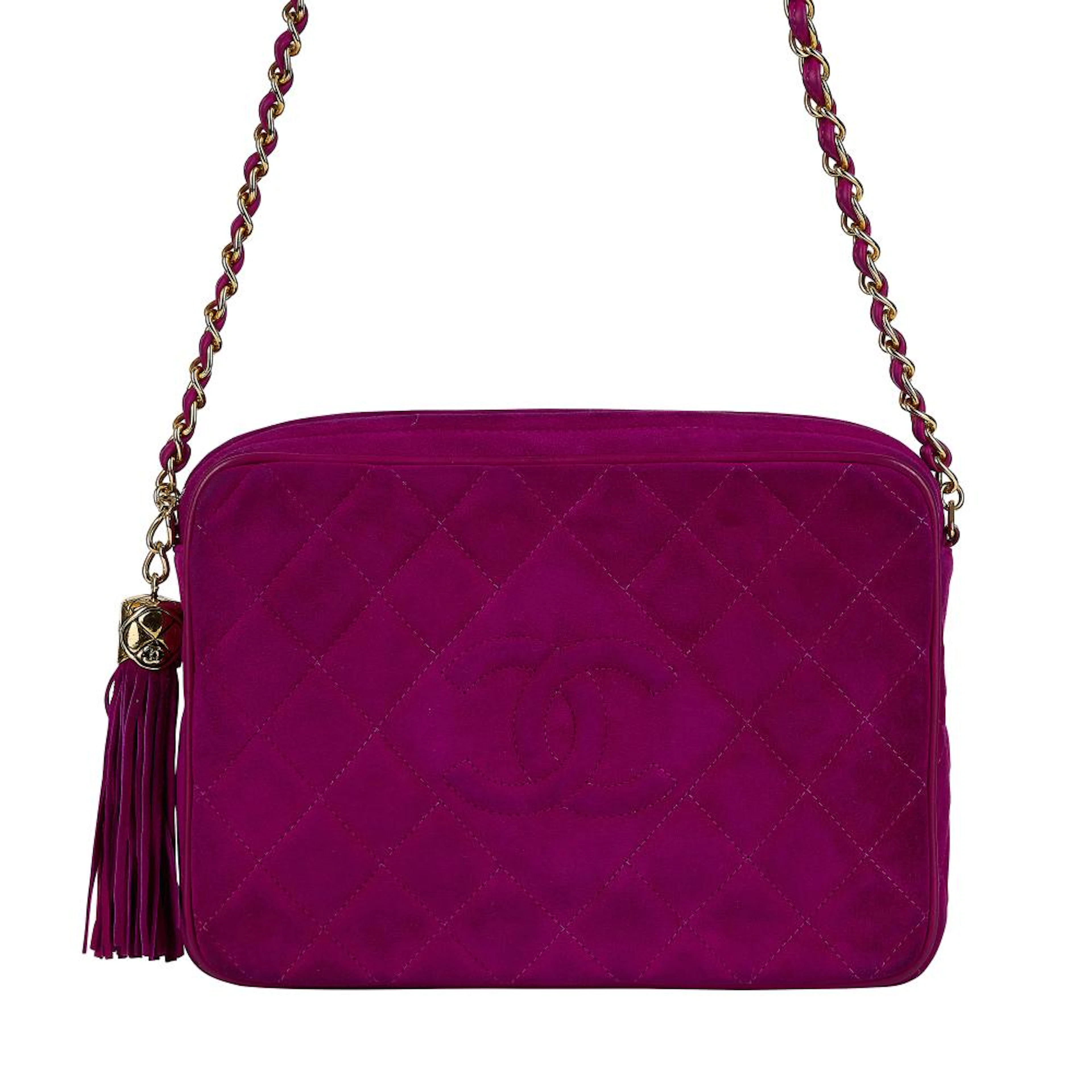 CHANEL, A VINTAGE QUILTED PURPLE SUEDE CAMERA BAG
