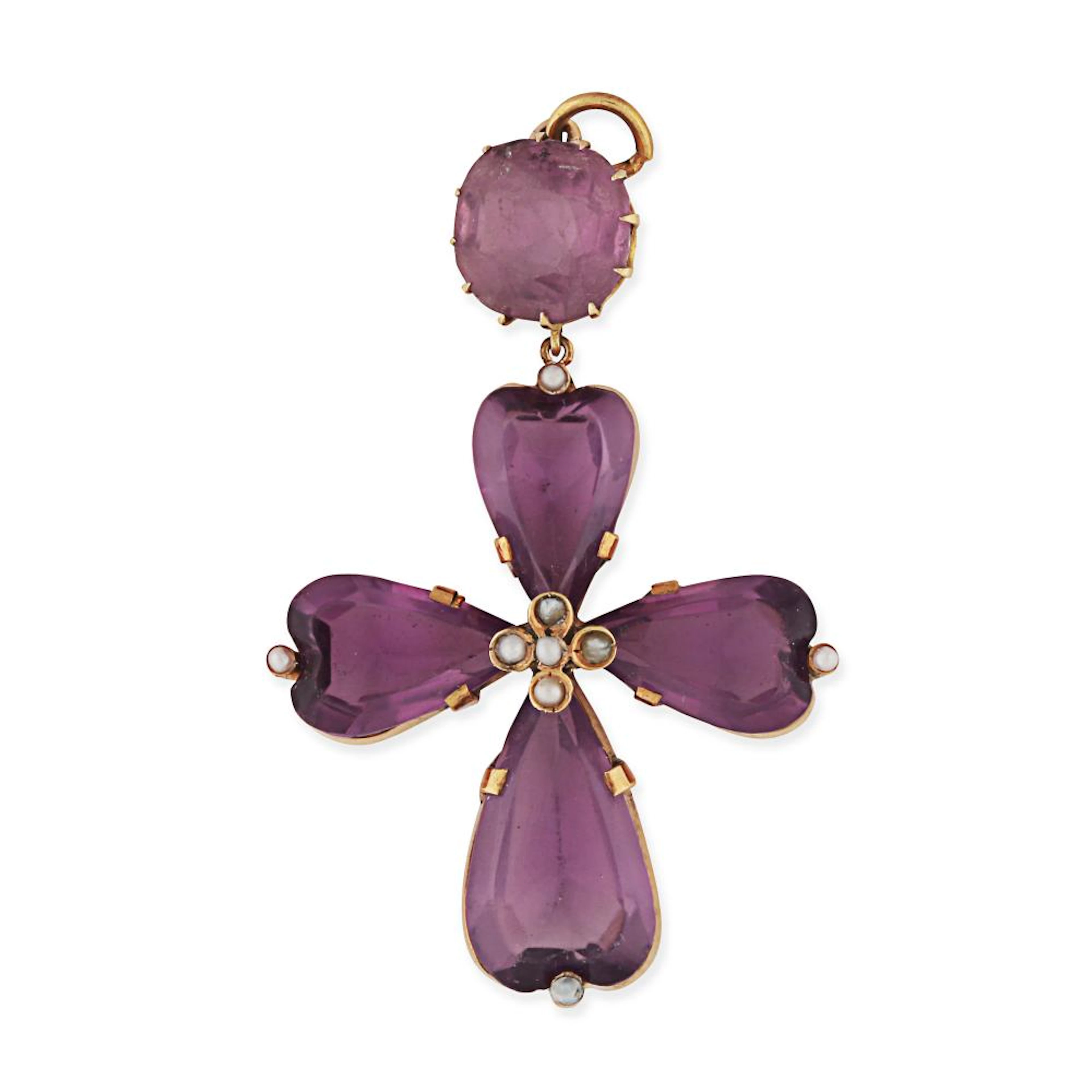 AN ANTIQUE PASTE AND PEARL CROSS PENDANT in yellow gold