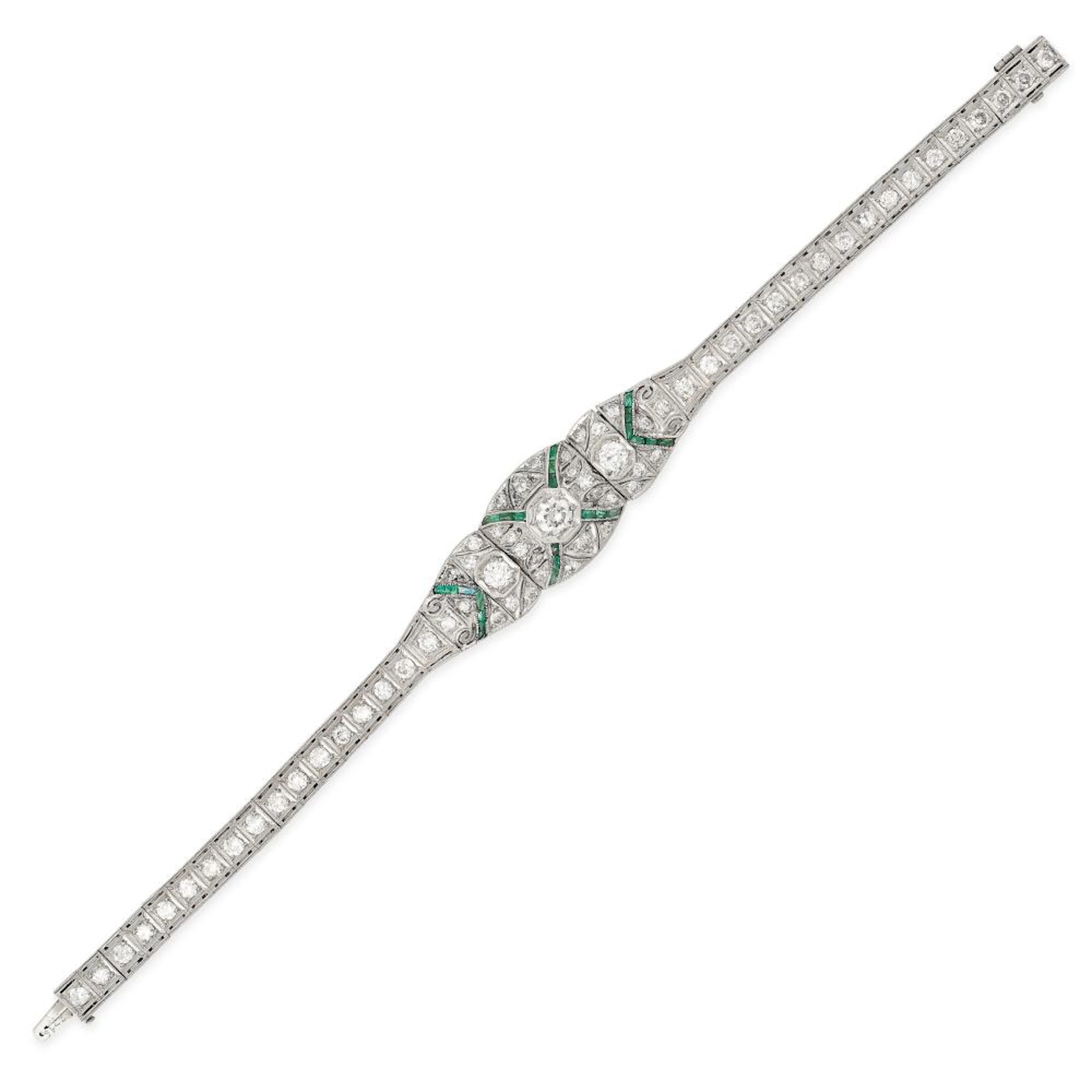 AN EMERALD AND DIAMOND BRACELET in platinum