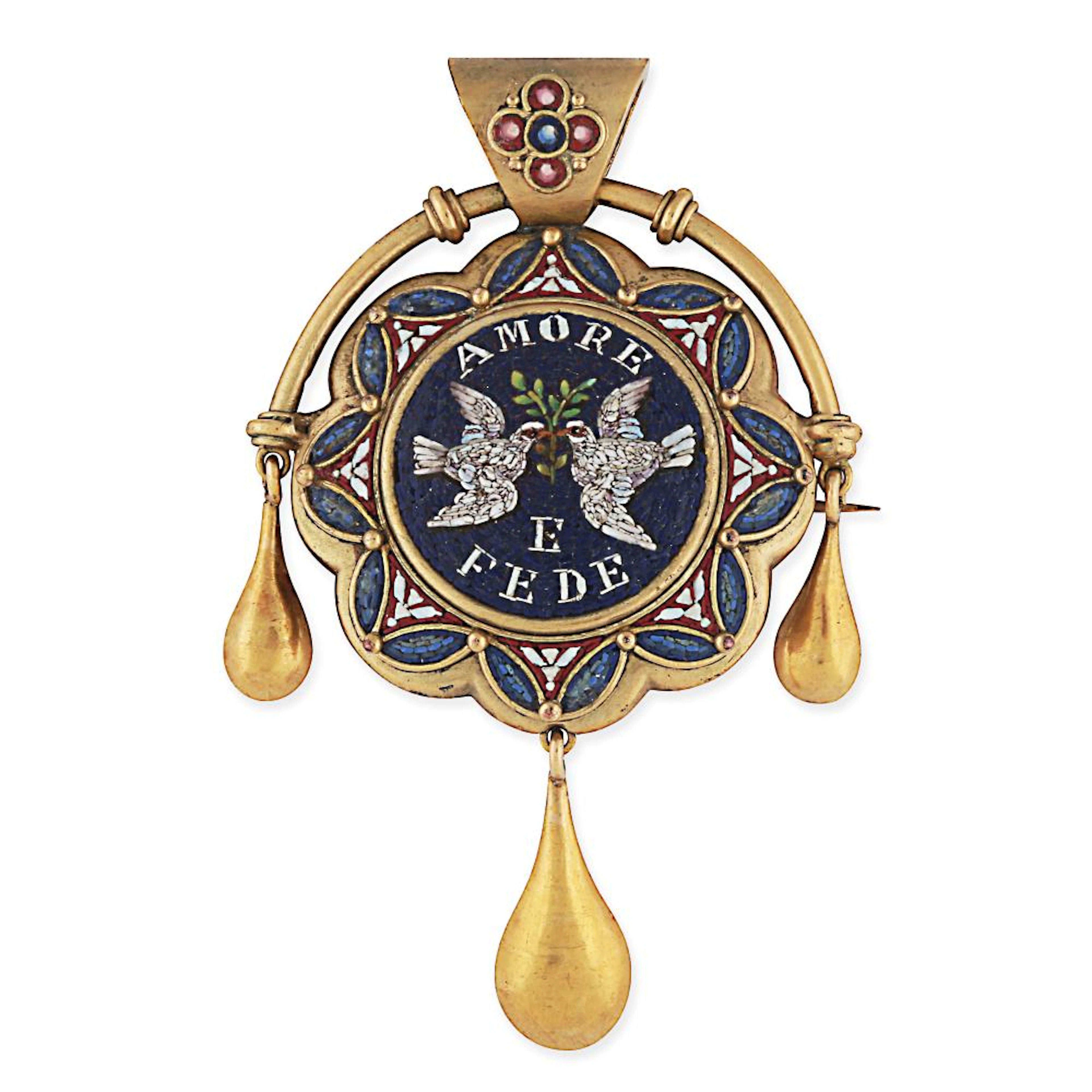 AN ANTIQUE MICROMOSAIC BROOCH / PENDANT in yellow gold