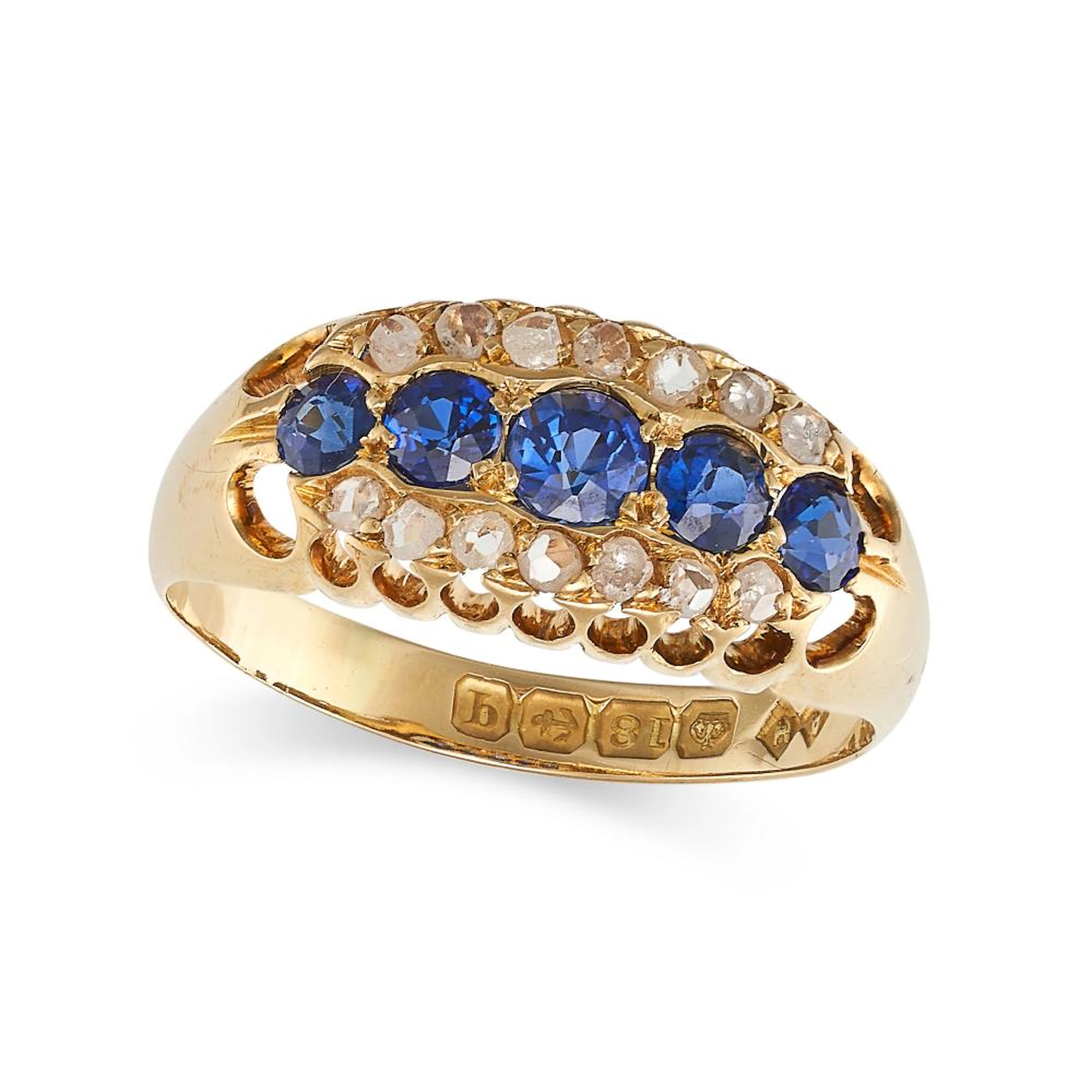 AN ANTIQUE SAPPHIRE AND DIAMOND RING in 18ct yellow gold
