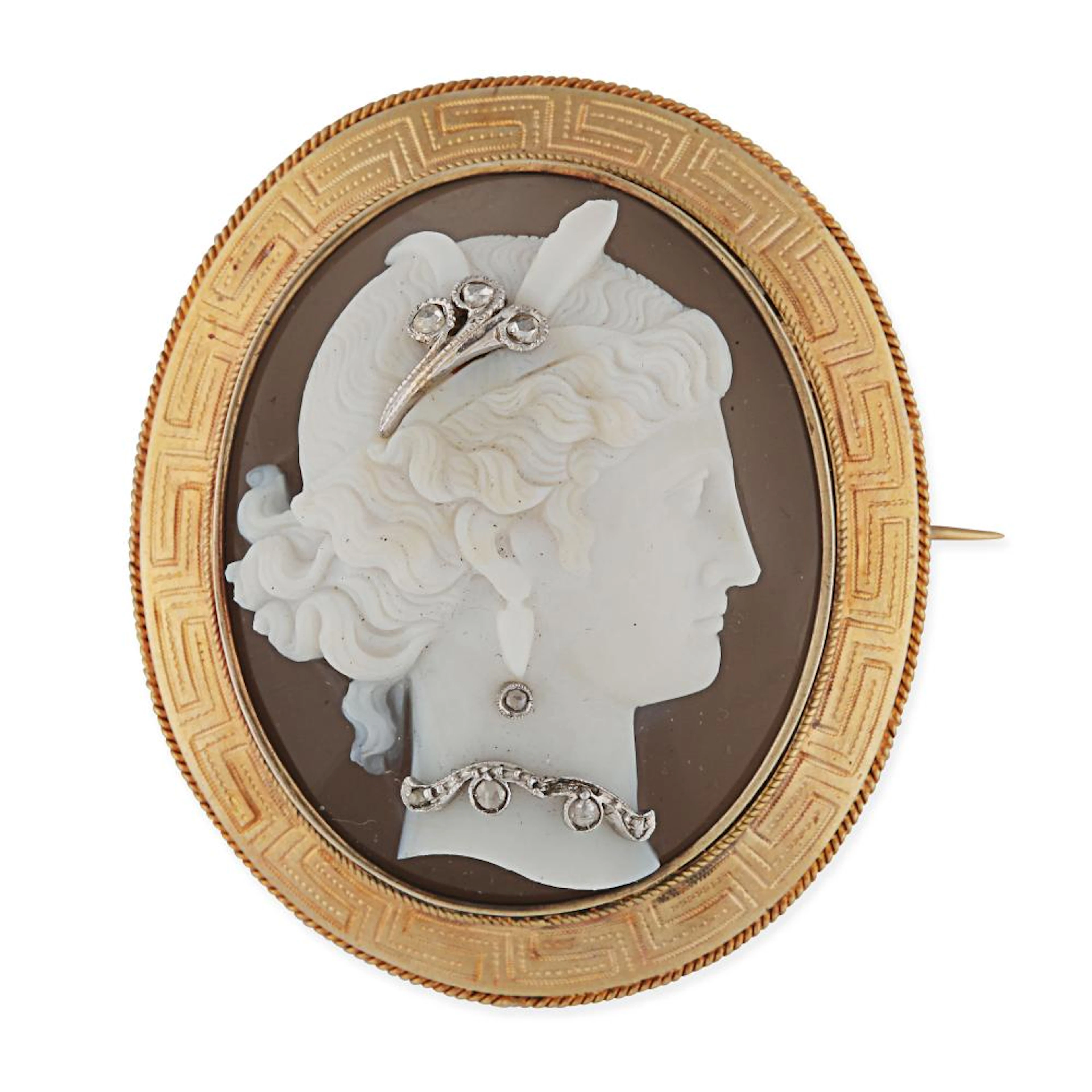 AN ANTIQUE AGATE CAMEO AND DIAMOND BROOCH