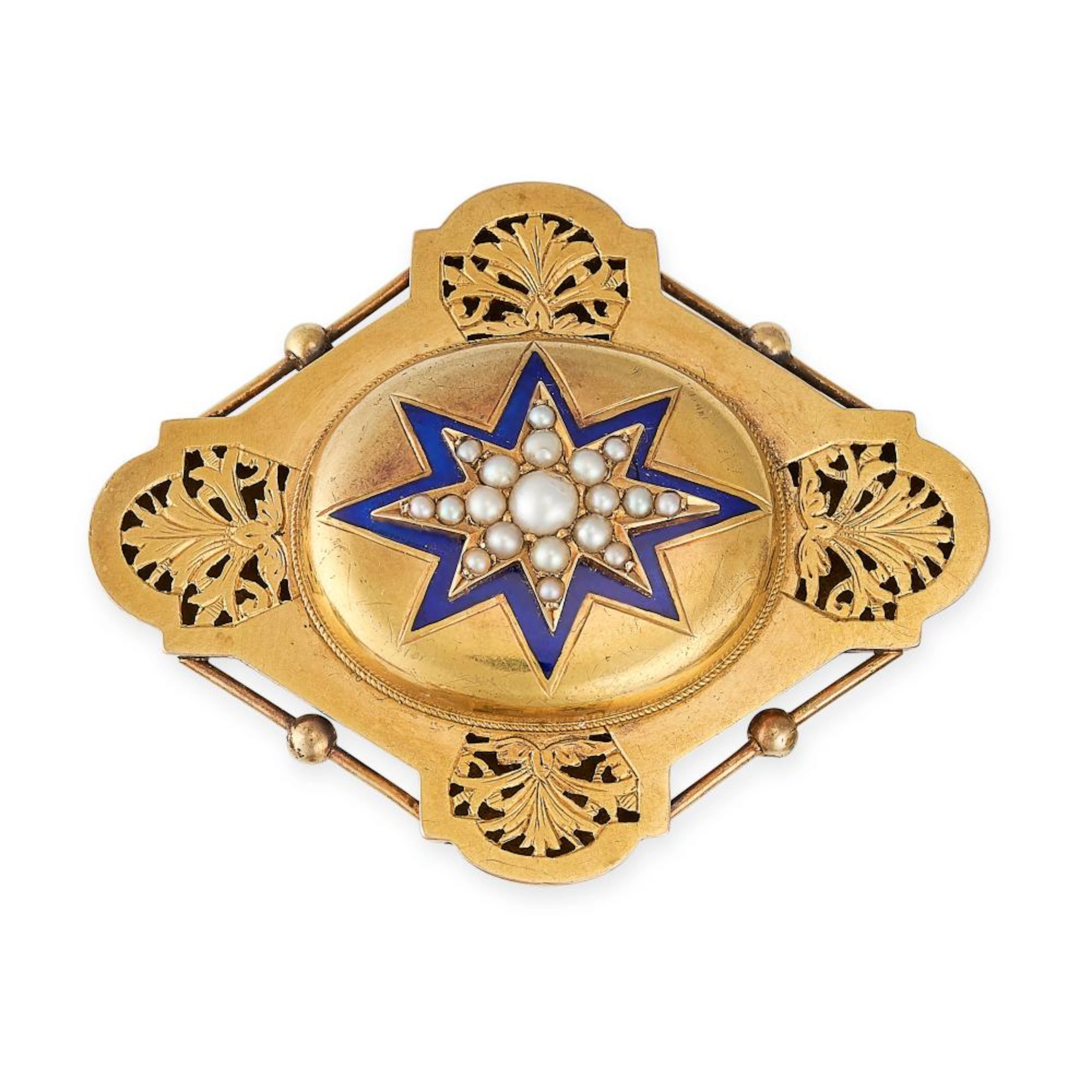 AN ANTIQUE PEARL AND ENAMEL MOURNING BROOCH in high carat yellow gold