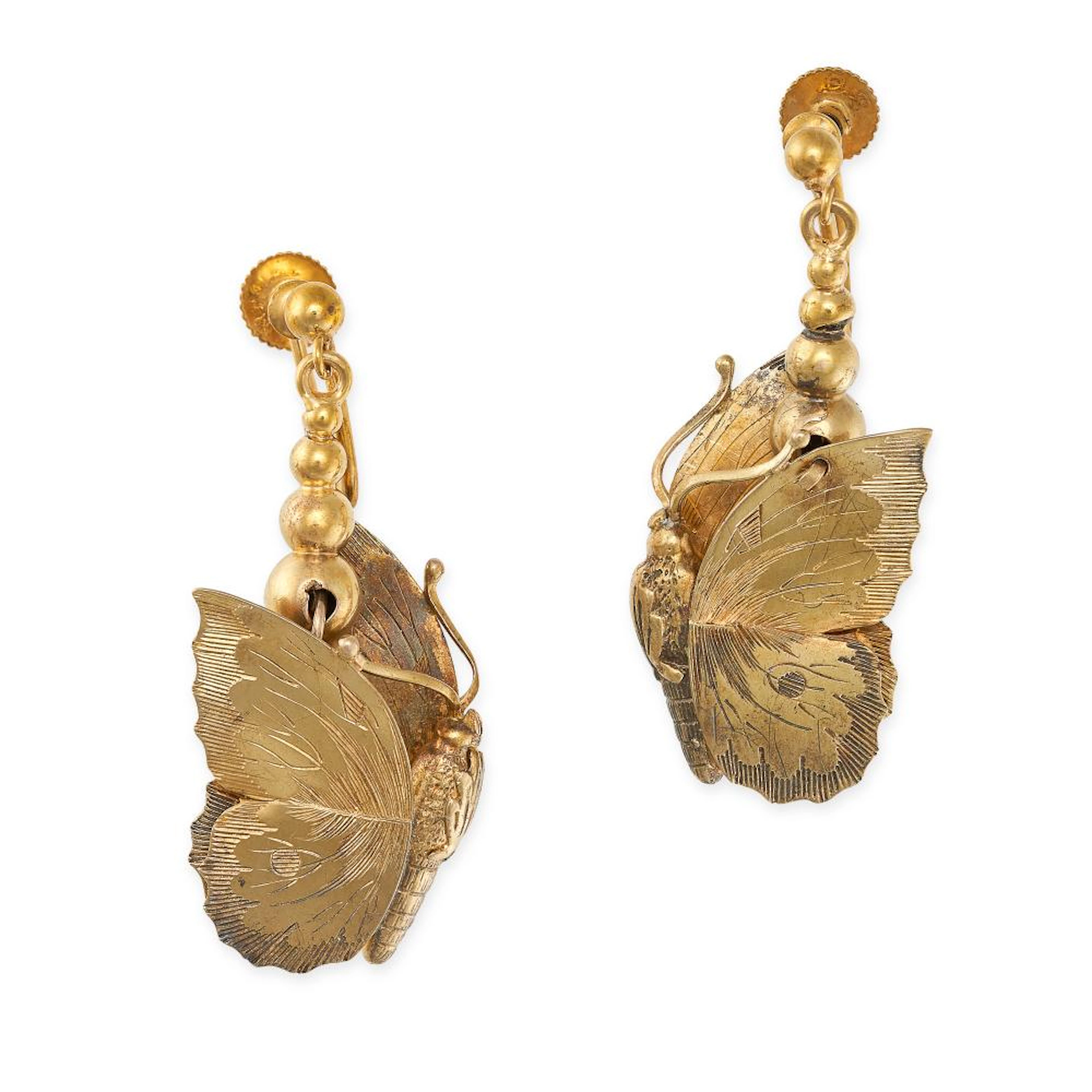 A PAIR OF ANTIQUE VICTORIAN BUTTERFLY DROP EARRINGS in yellow gold