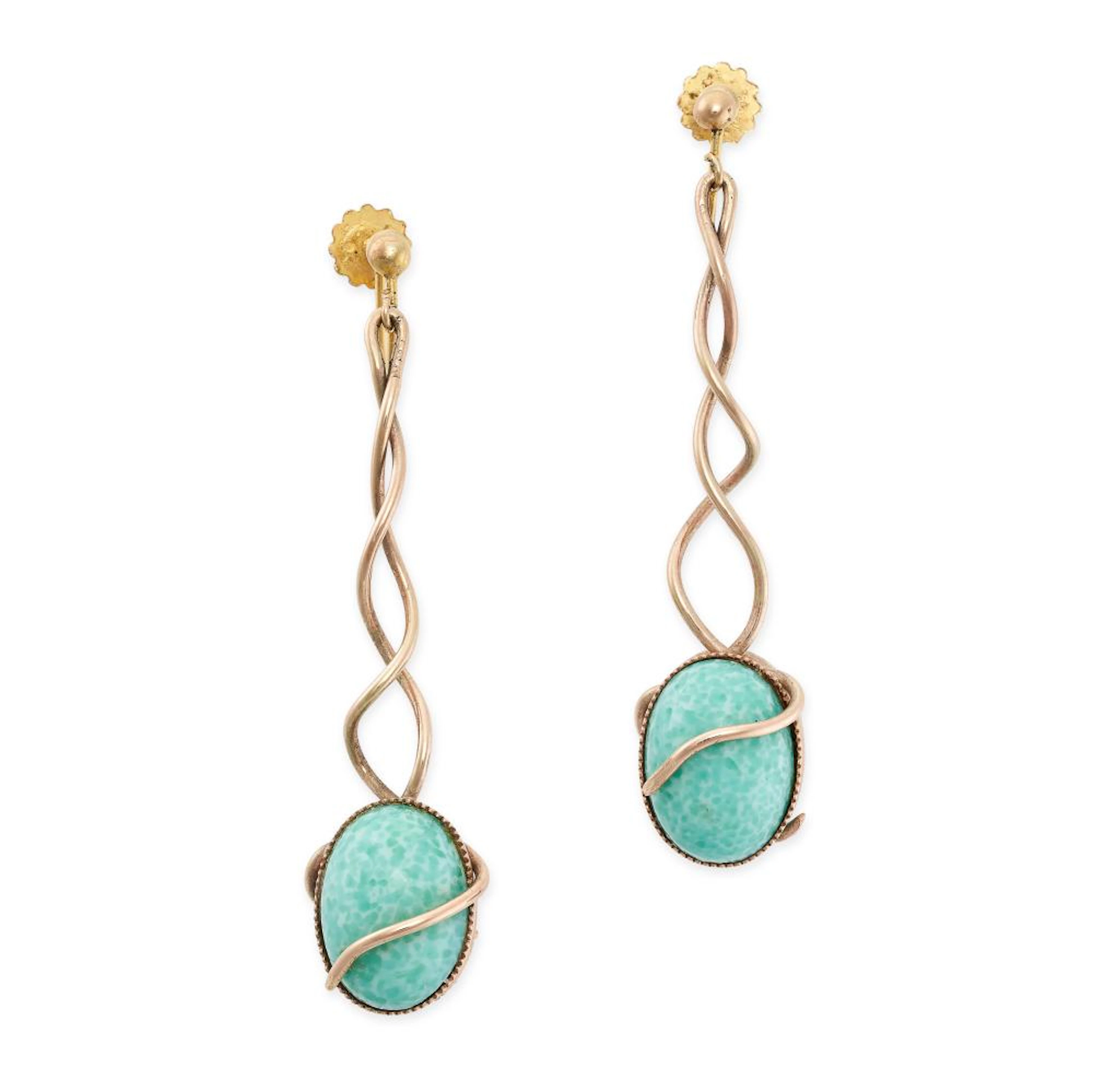A PAIR OF VINTAGE AMAZONITE DROP EARRINGS in 9ct yellow gold