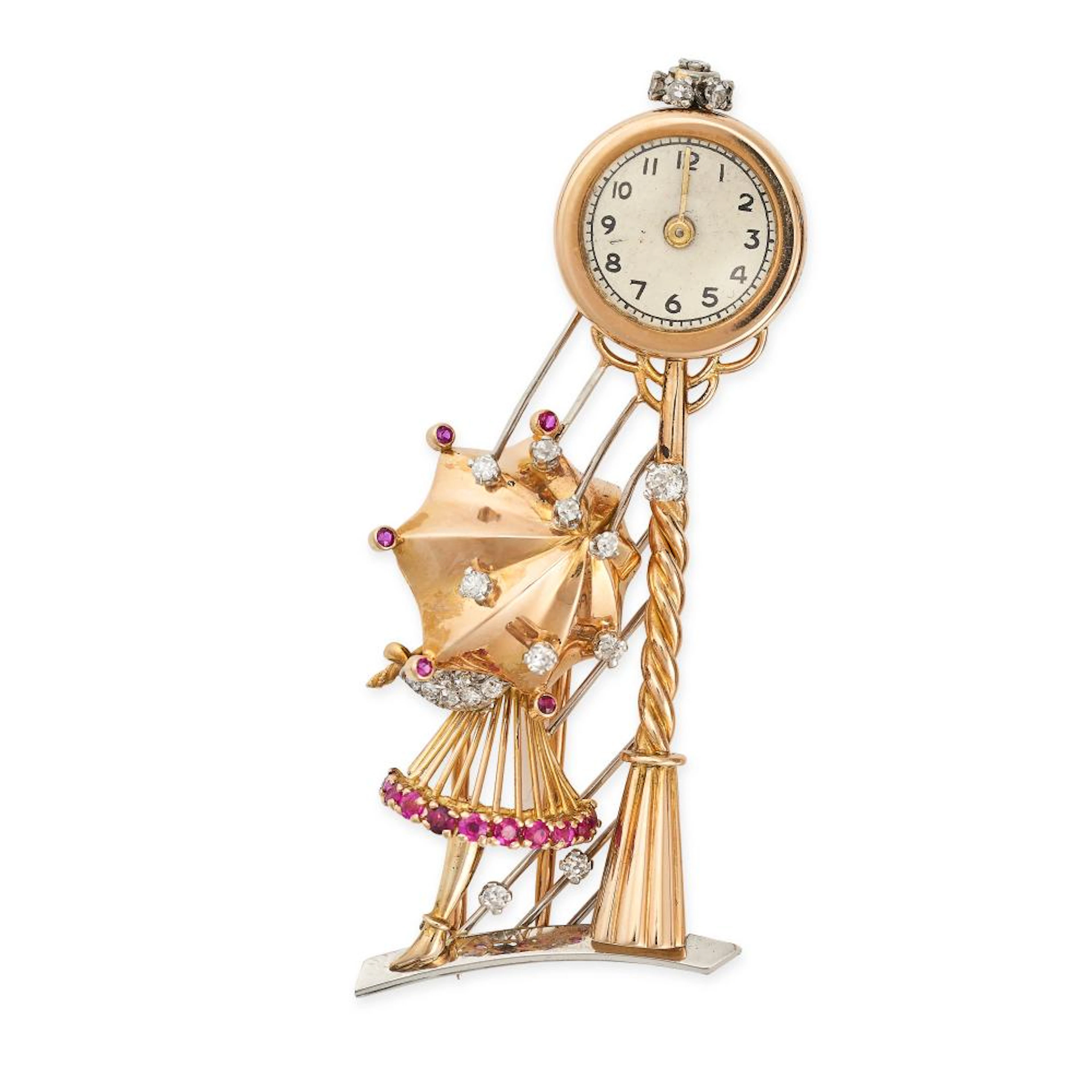 A VINTAGE FRENCH RUBY AND DIAMOND TIMEPIECE BROOCH in 18ct yellow gold