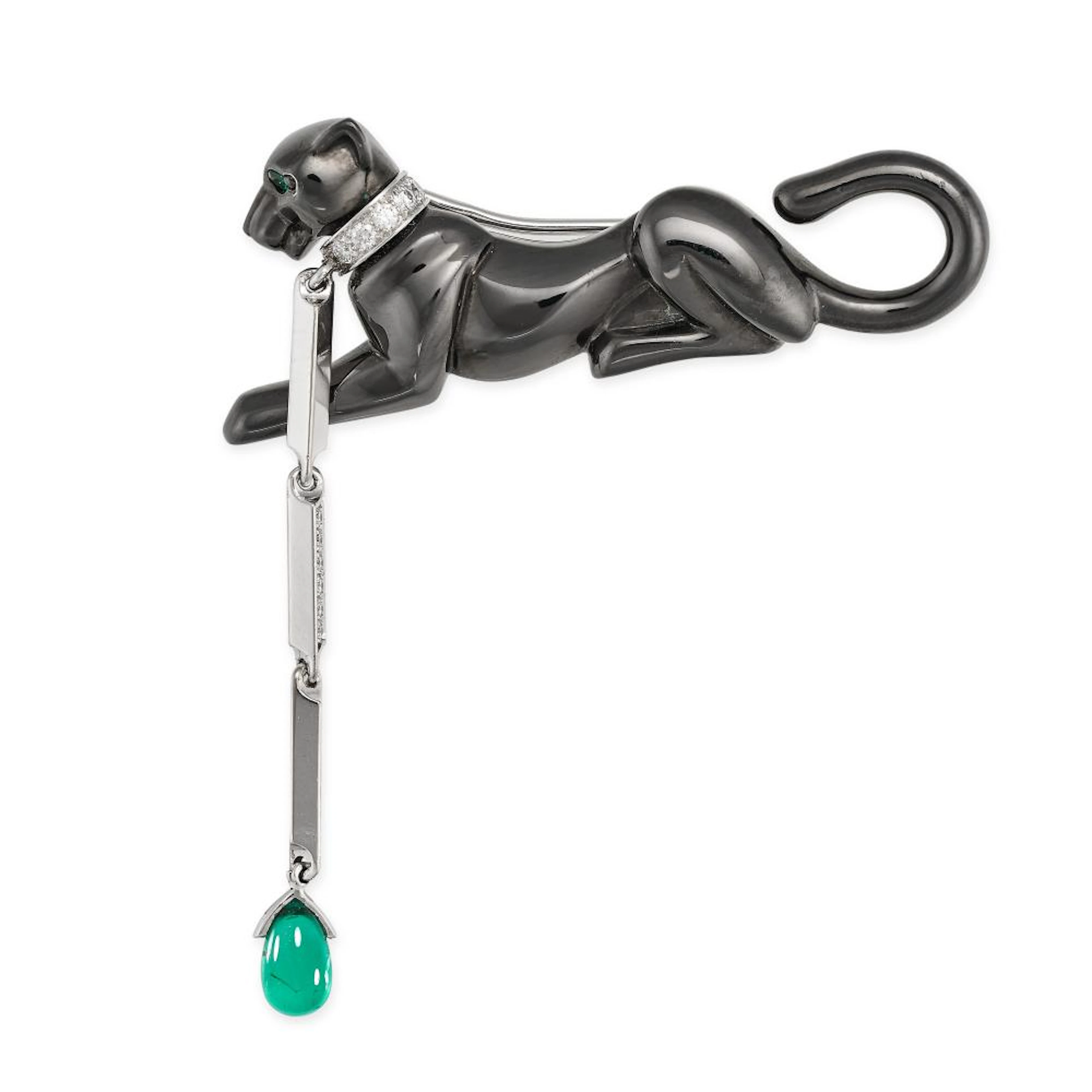 CARTIER, A DIAMOND AND EMERALD PANTHERE BROOCH in 18ct white and blackened gold
