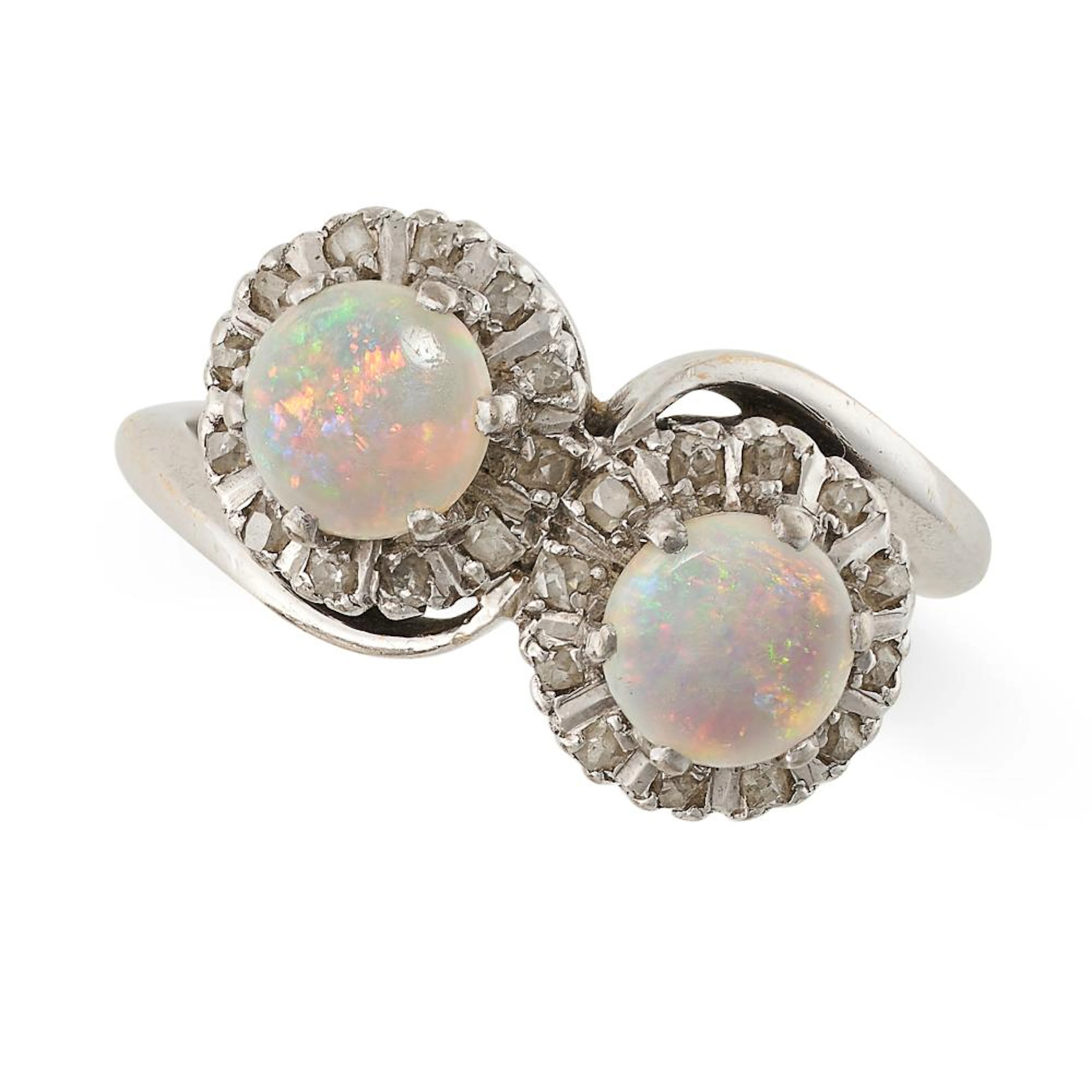 A VINTAGE OPAL AND DIAMOND TOI ET MOI RING in 18ct white gold