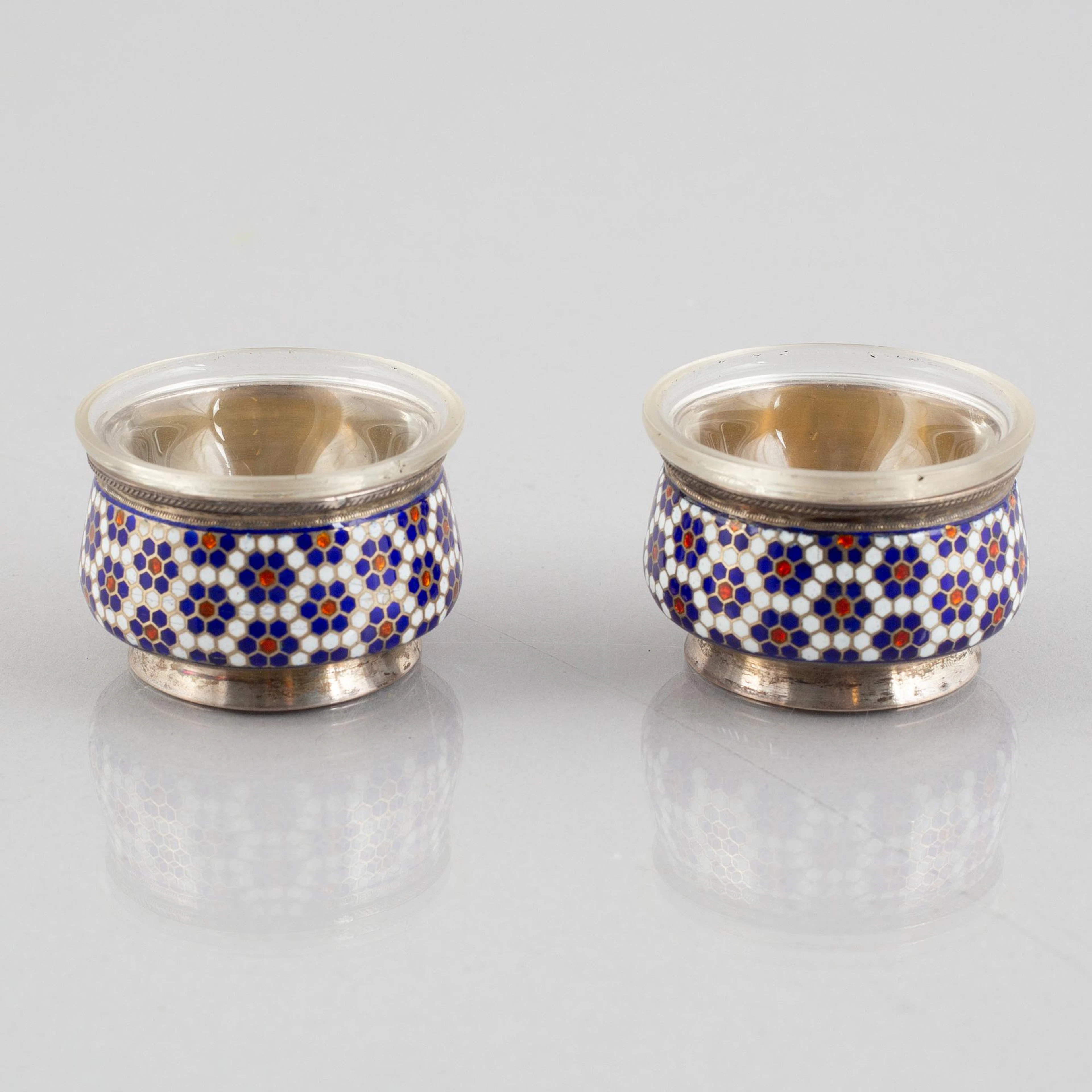 A Pair of Russian Silver and Enamel Salt Cellars