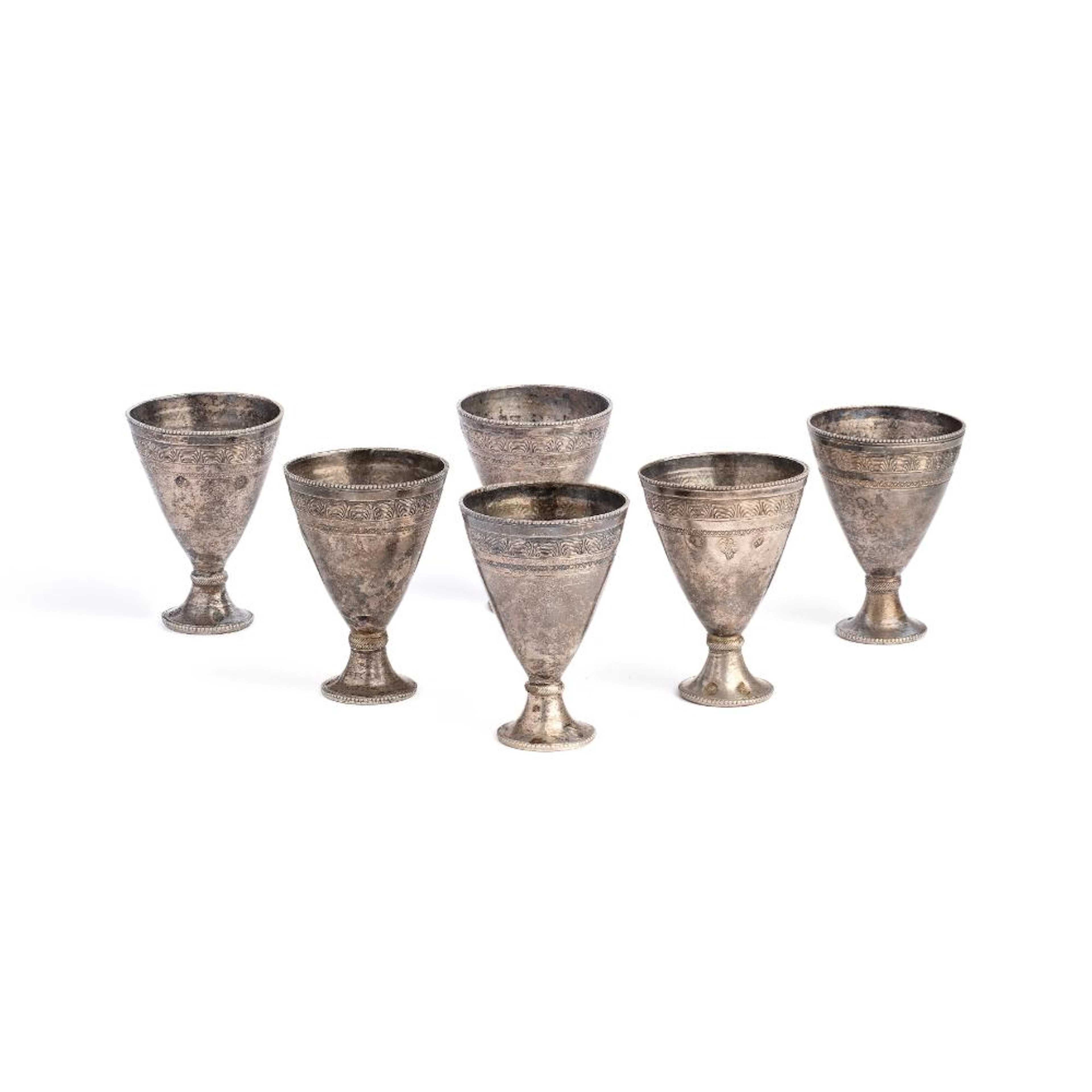 A SET OF SIX OTTOMAN SILVER COFFEE-CUP HOLDERS (ZARFS), CIRCA 1900