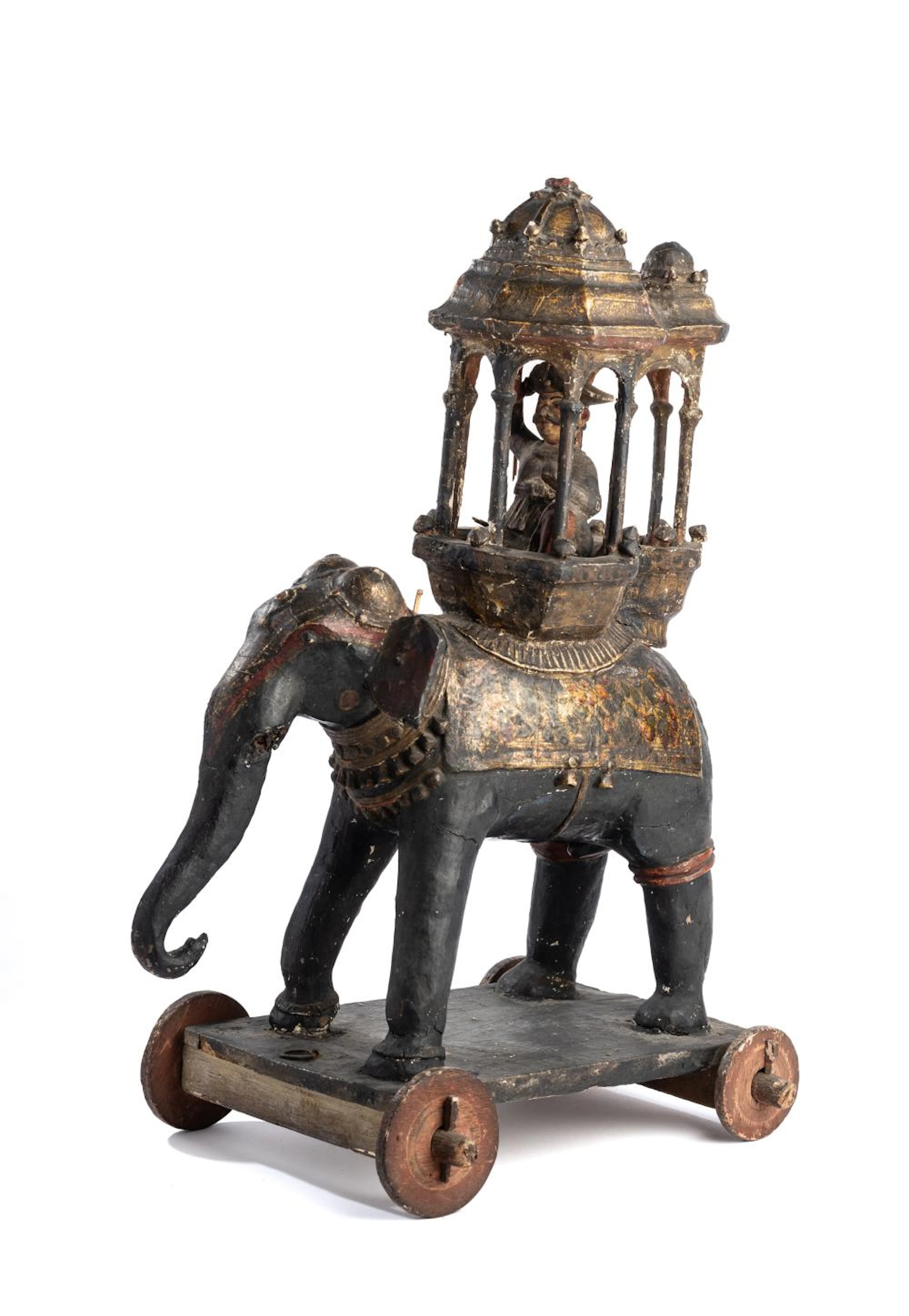 A PAINTED AND CARVED WOOD TOY ELEPHANT, INDIA, LATE 19TH CENTURY