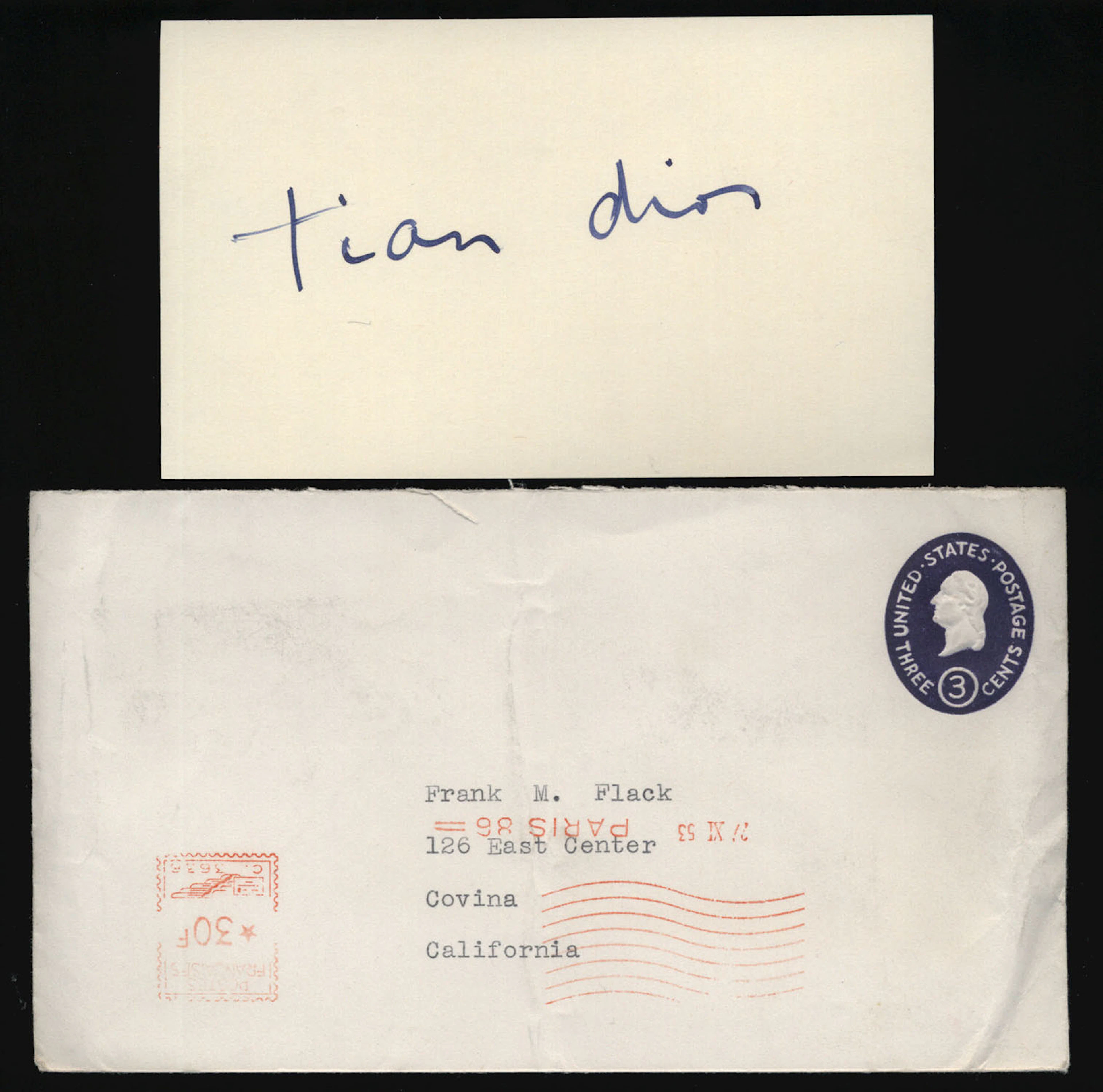 Christian Dior (d.1957) Signed 3x5 Index Card