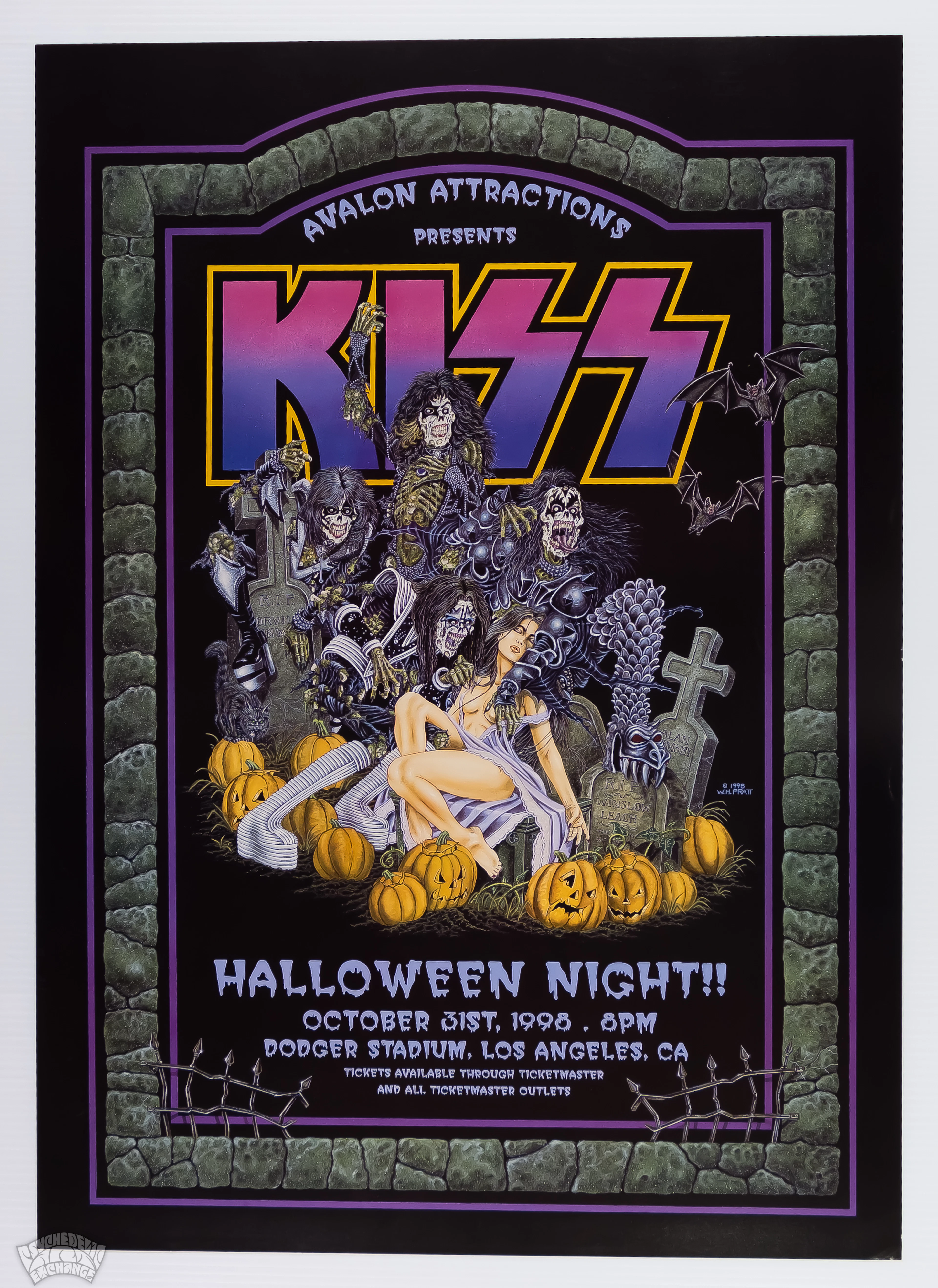 1998–Kiss-Halloween Night-Dodger Stadium Concert Poster-PAE Graded Mint “91”