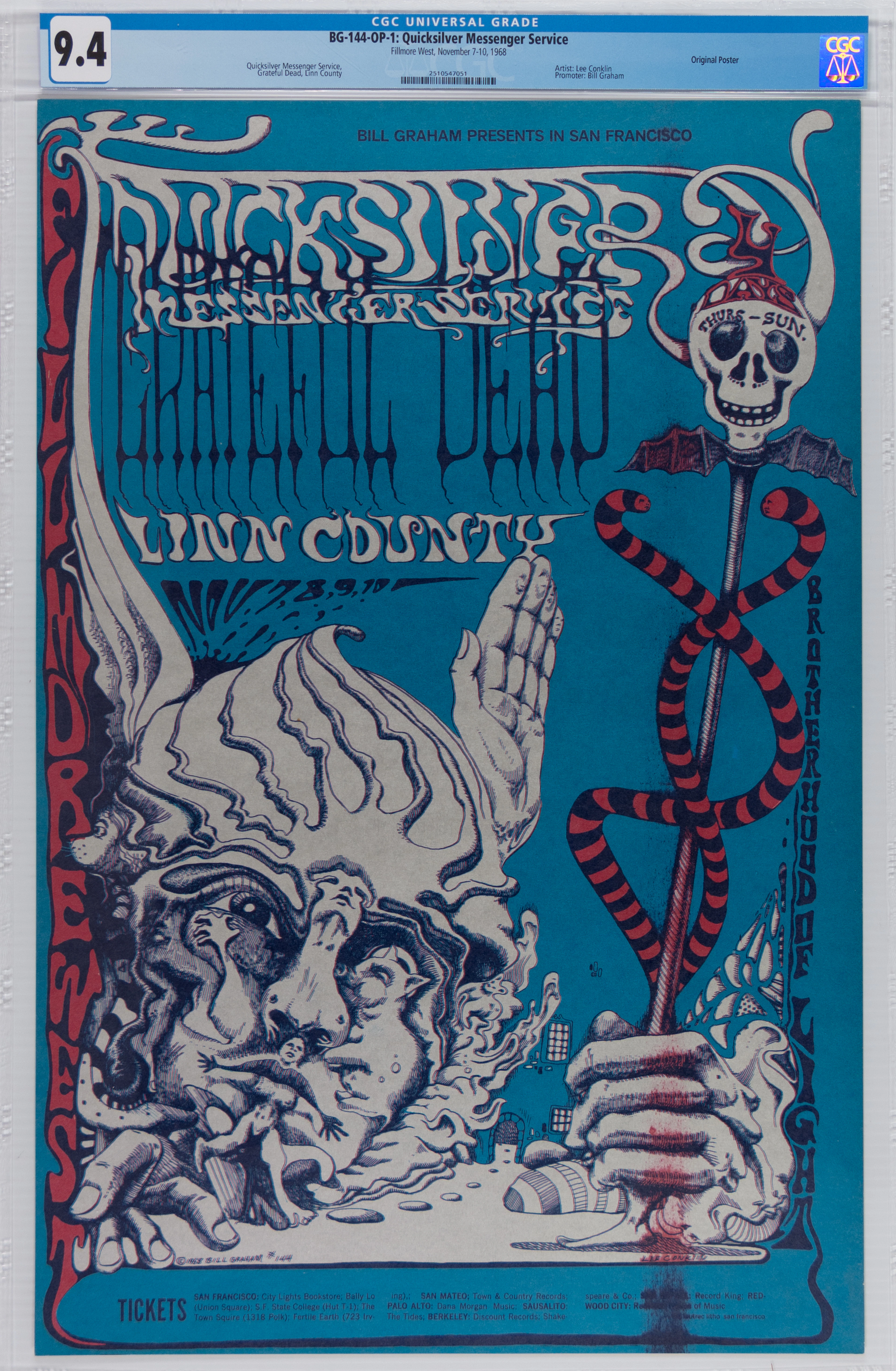 1968-BG-144-OP-1-Grateful Dead-Fillmore West Concert Poster-CGC Graded 9.4