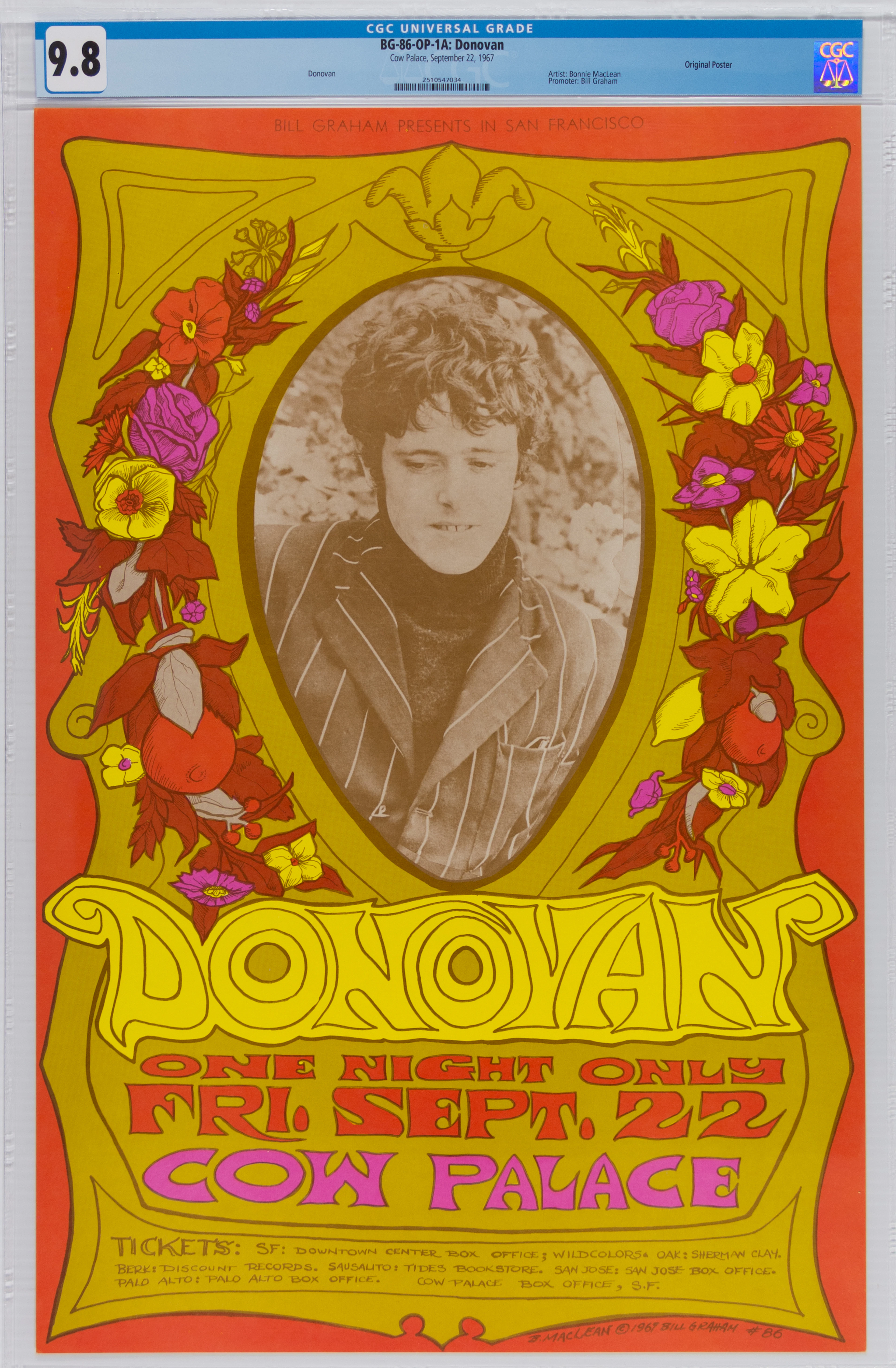 1967-BG-86-OP-1A-Donovan-Cow Palace Concert Poster-CGC Graded 9.8