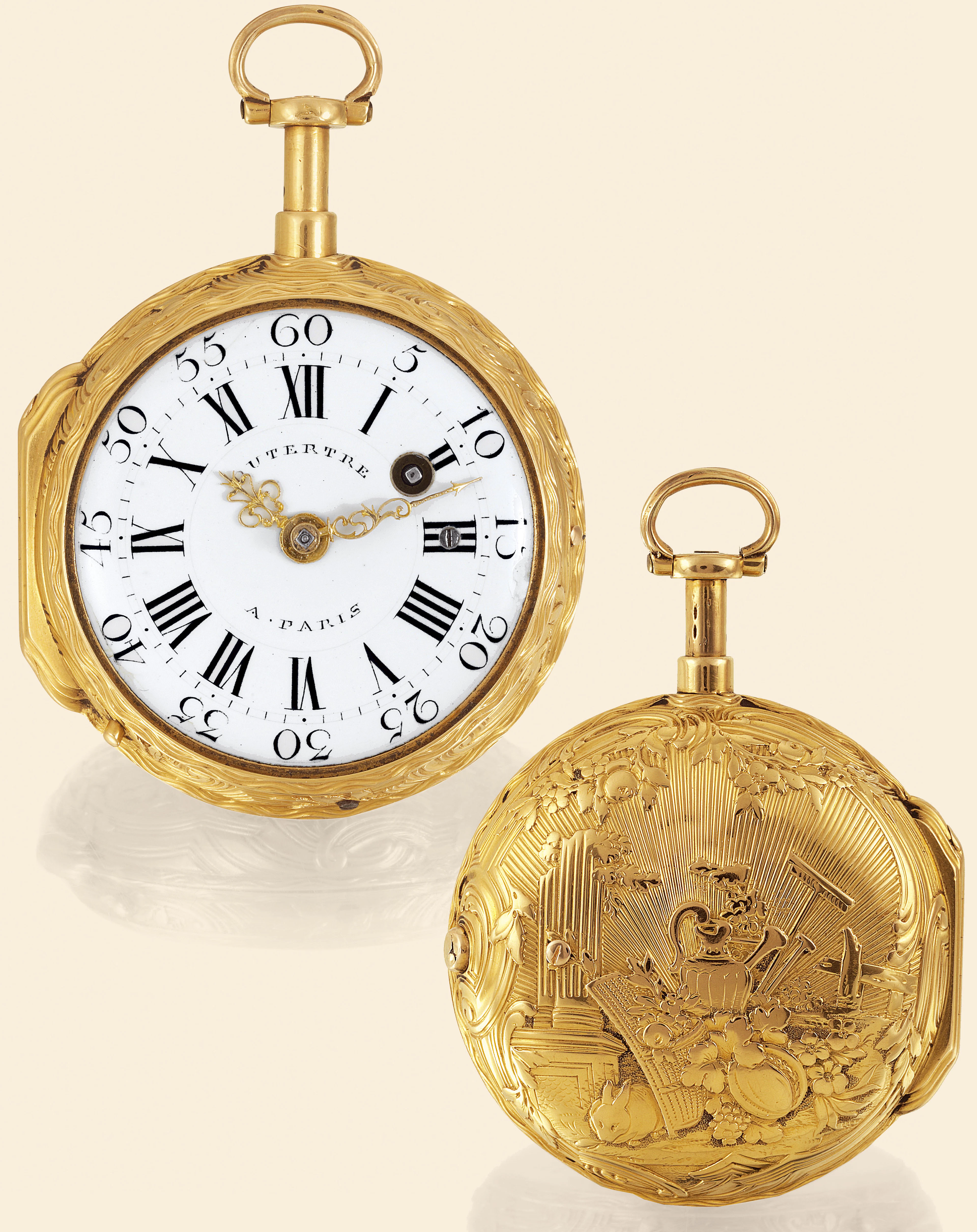 Pastoral Trophy J. Bte Dutertre a Paris, No. 2846, with Paris hallmarks for 1762-63. Very fine, 20K gold quarter-repeating à toc pocket watch with à tact option.