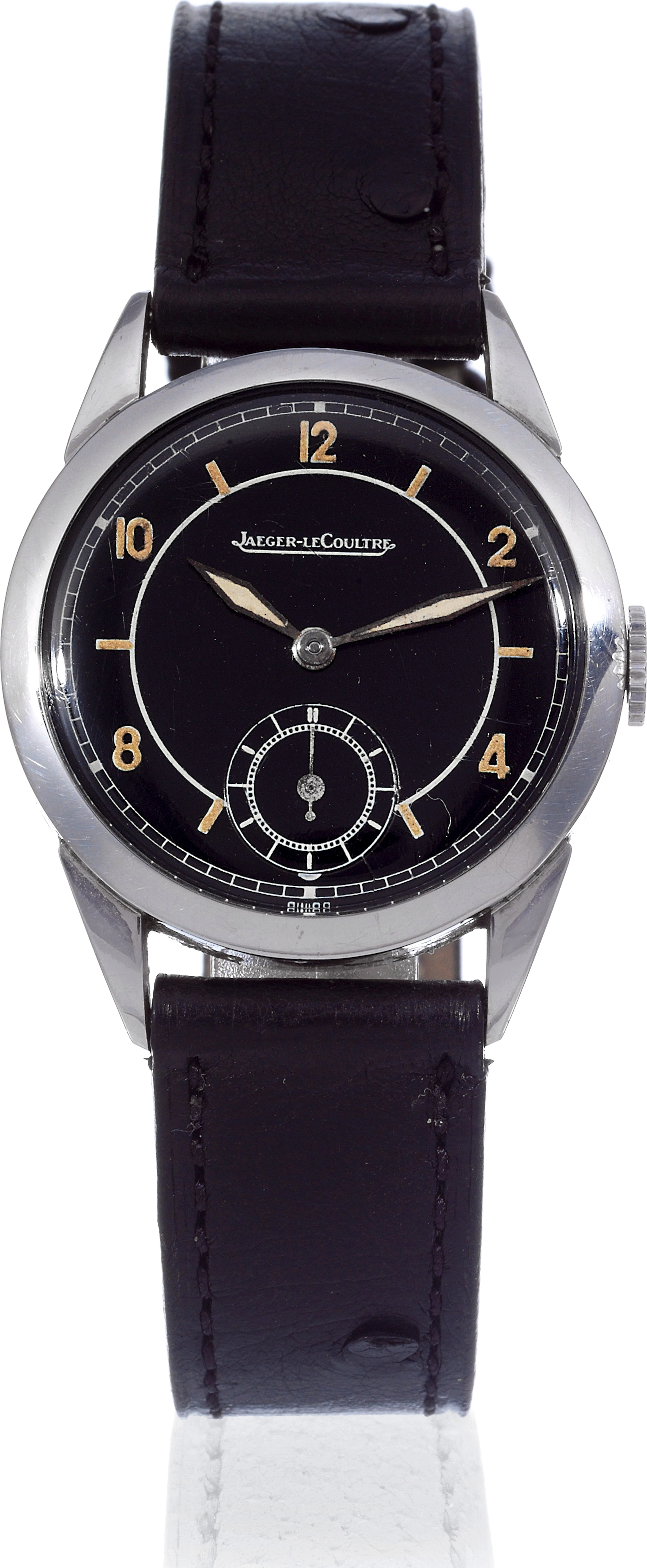 Montre De Prêt Jaeger-LeCoultre, No. 132609. Made in the 1950s. Fine stainless steel wristwatch with luminous black sector dial. Used by Vacheron Constantin as a loan watch for clients whose watches w