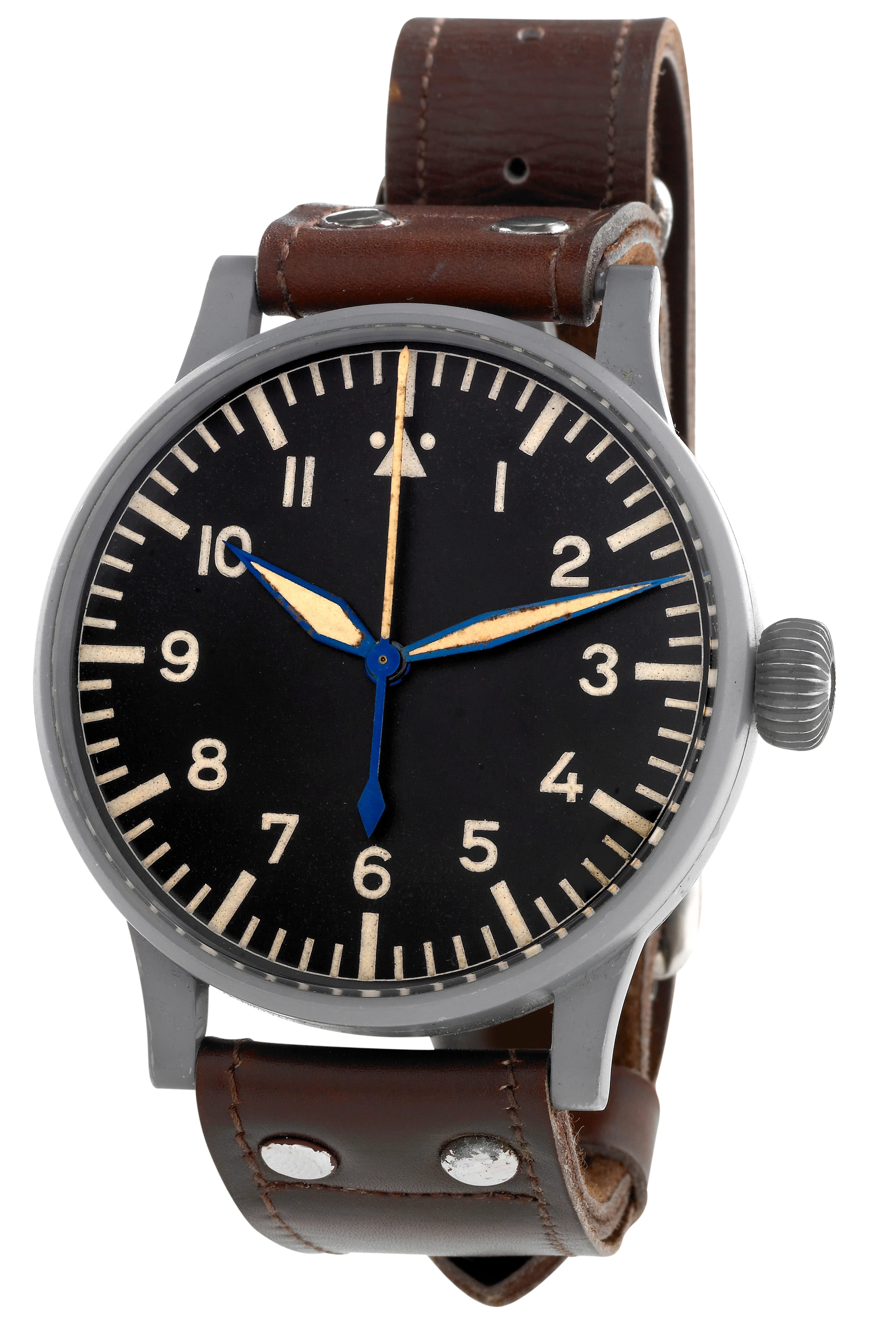 Stowa B-Uhr, No. 5396.Made in 1943 byWalter Storz, Pforzheim, Germany. Fine and very rare, large, center seconds, base metalnickel German military pilots wristwatch (Flieger Beobachtungsarmbanduhr) w