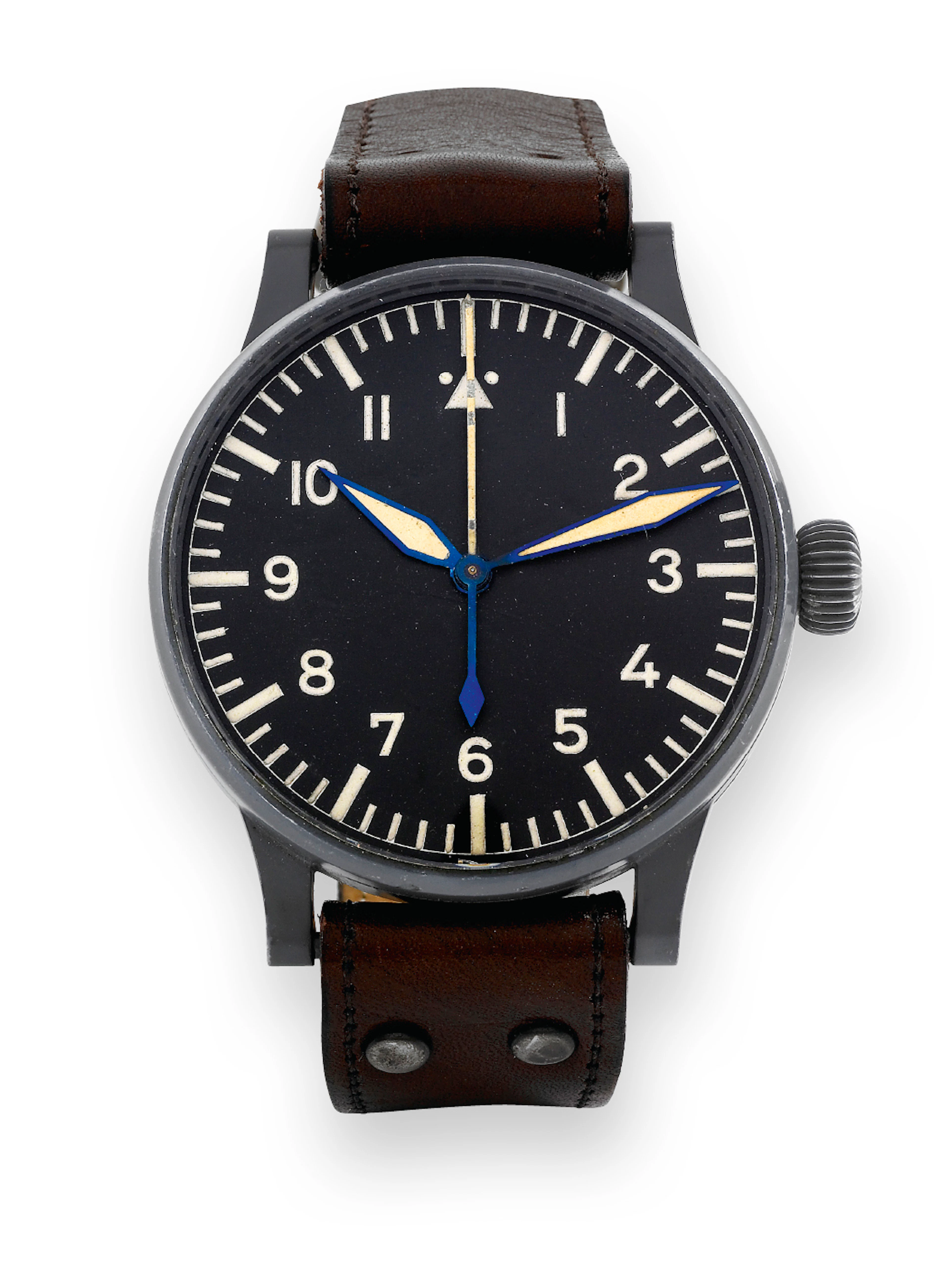 Stowa B-Uhr, No. 6280, Made in 1943 by Walter Storz, Pforzheim, Germany. Fine and very rare, large, center seconds, base metal nickel German military pilots wristwatch (Flieger Beobachtungsarmbanduhr