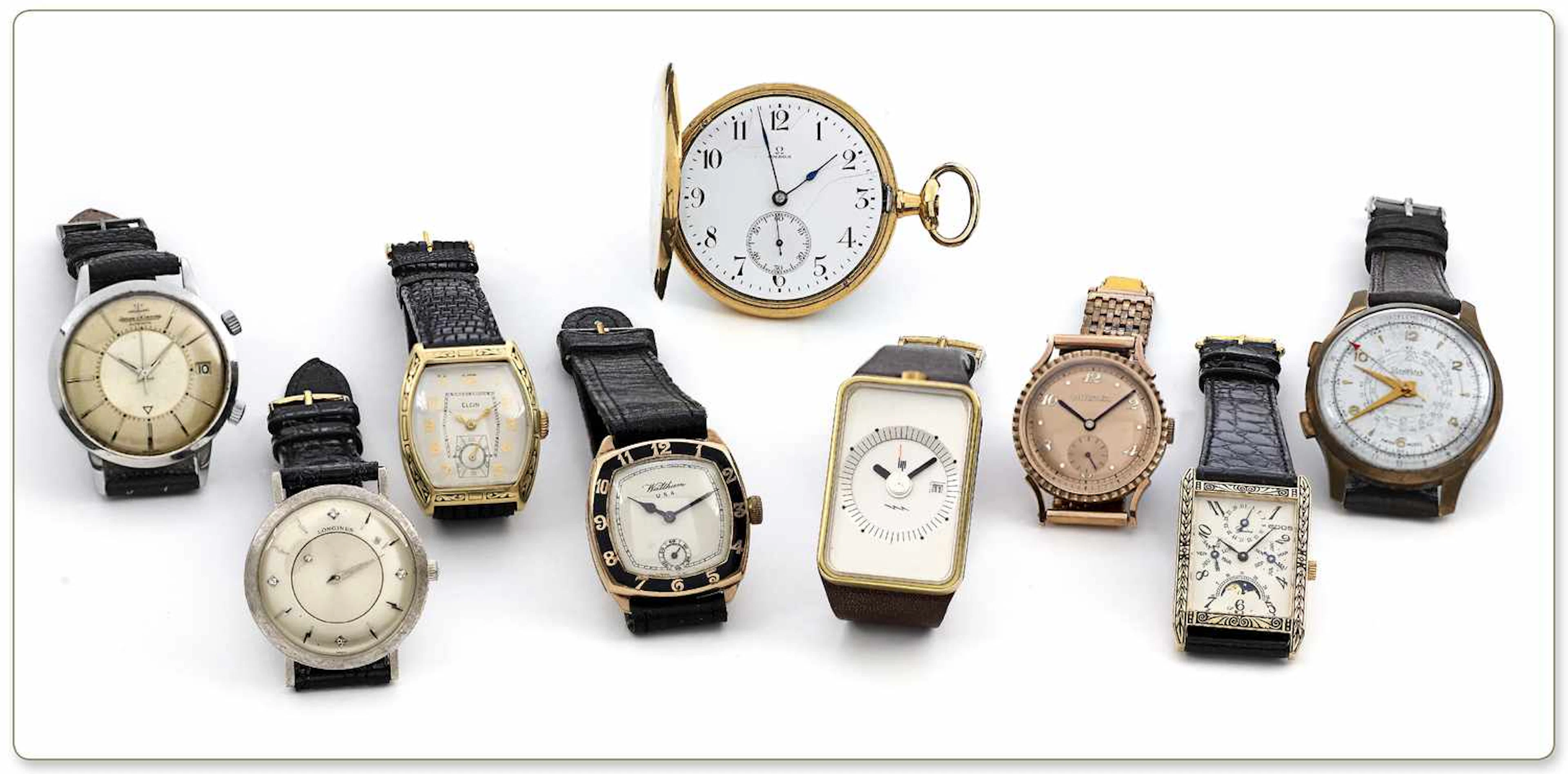 Group of 8 wristwatches including: Waltham 9K pink gold wristwatch, Bulova 14K gold-filled wristwatch, Elgin 14K gold wristwatch, Stopwatch chronograph without a strap, Epos wristwatch with calendar, 