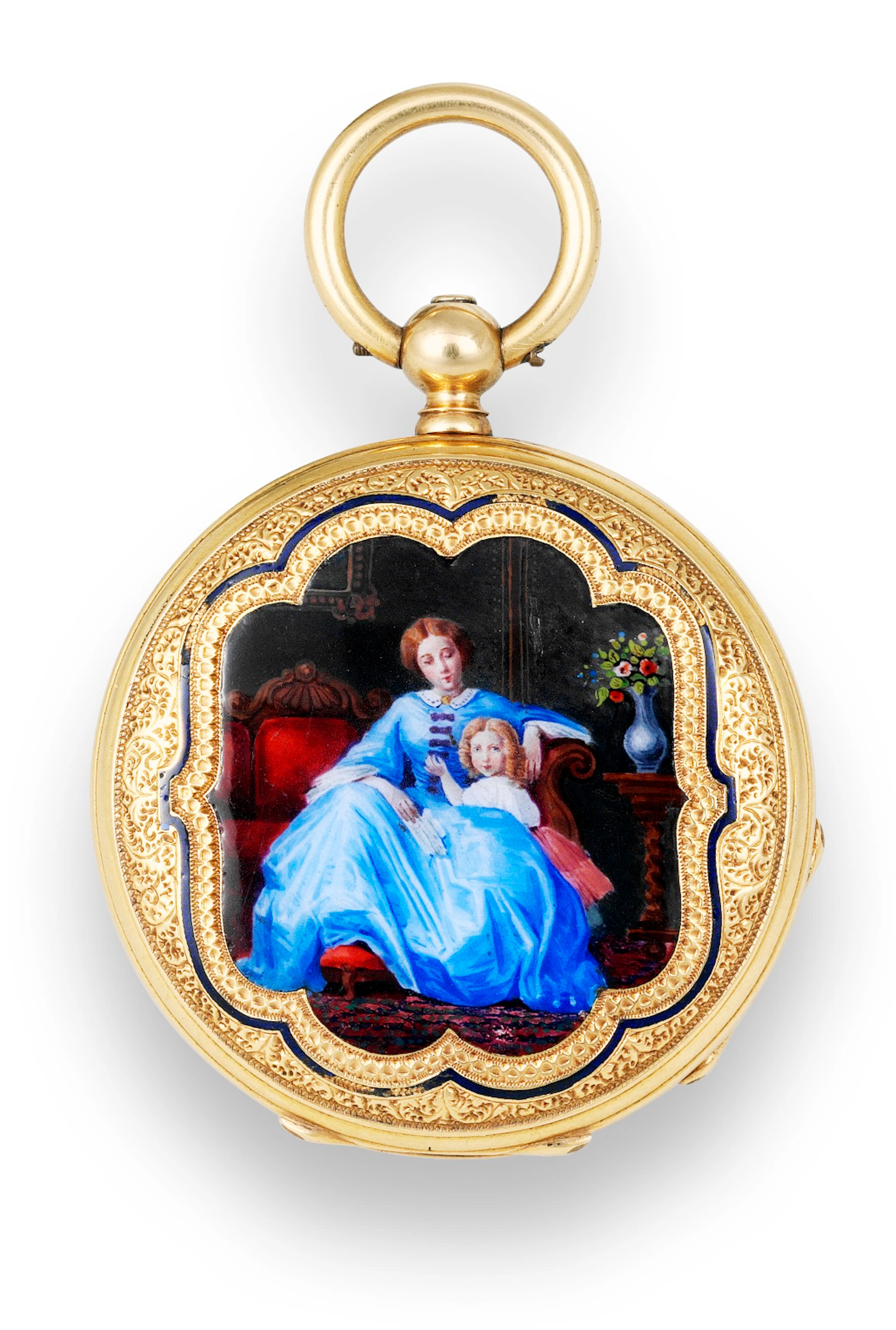 Chatelain Clerc, At Mothers Knee Chatelain Clerc, Chaux-de-Fonds. Made circa 1850. Fine, 18K gold and painted on enamel ladys pendant watch. To be sold without reserve