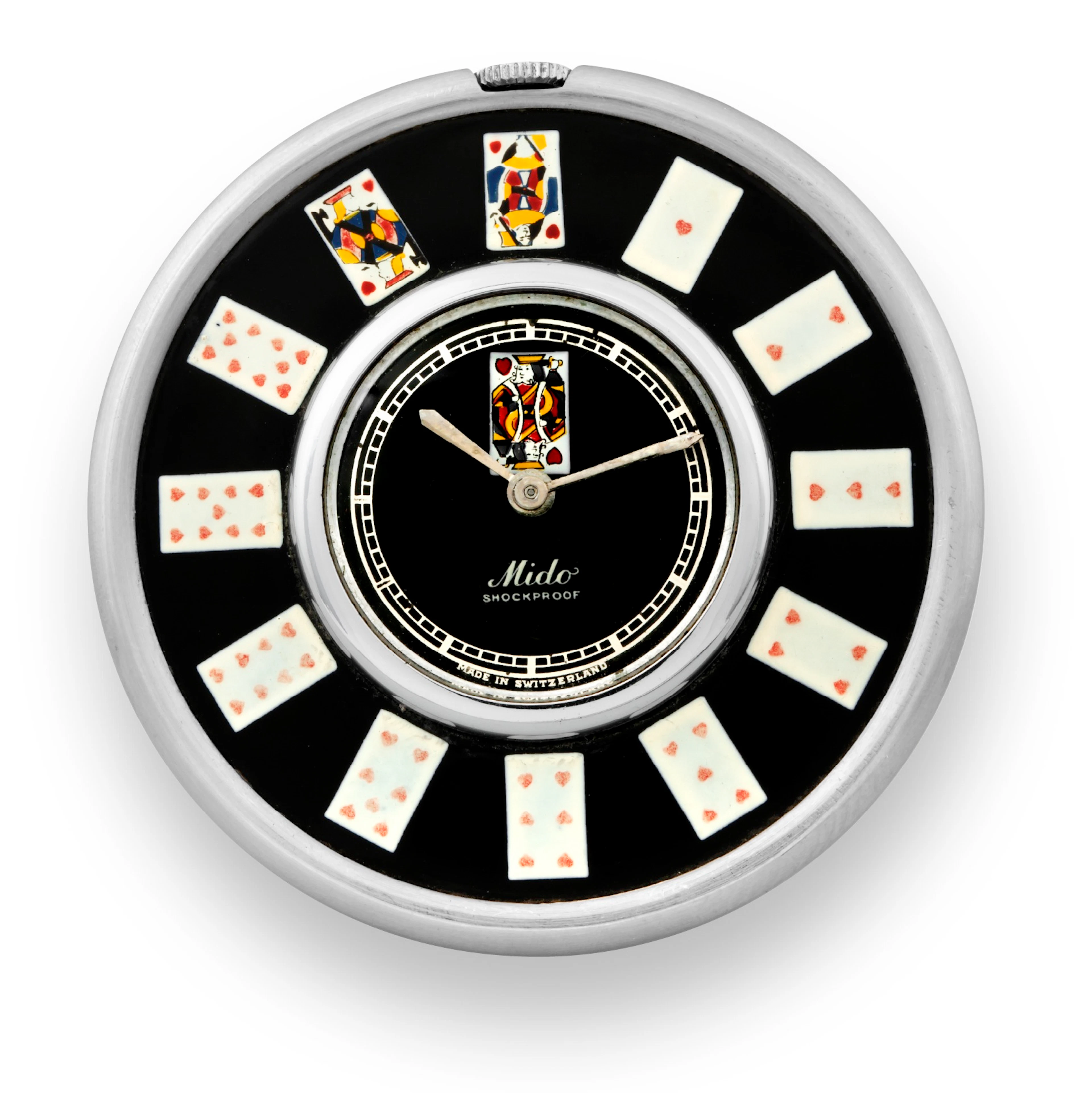 Mido - The Suite of Hearts Montre de Poker Mido, Swiss. Made circa 1943. Unusual, silver-metal and lacquer, keyless purse watch decorated with the suite of hearts playing cards