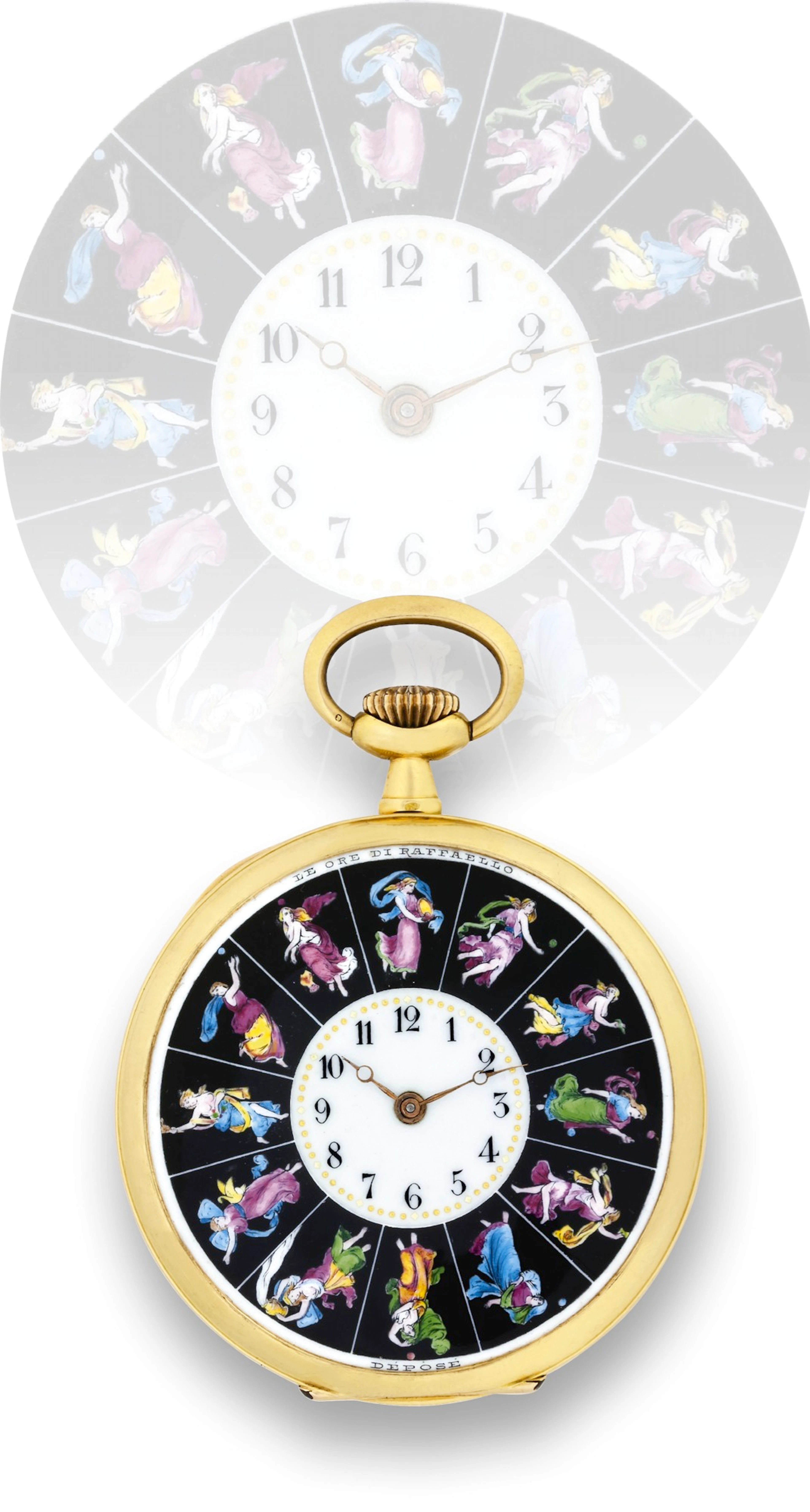 INVICTA, LE ORE DI RAFFAELLO Invicta, No. 1807488. Made circa 1910. Very fine and rare, 18K yellow gold keyless pocket watch with painted on enamel dial after Raphaels figures representing the hours 