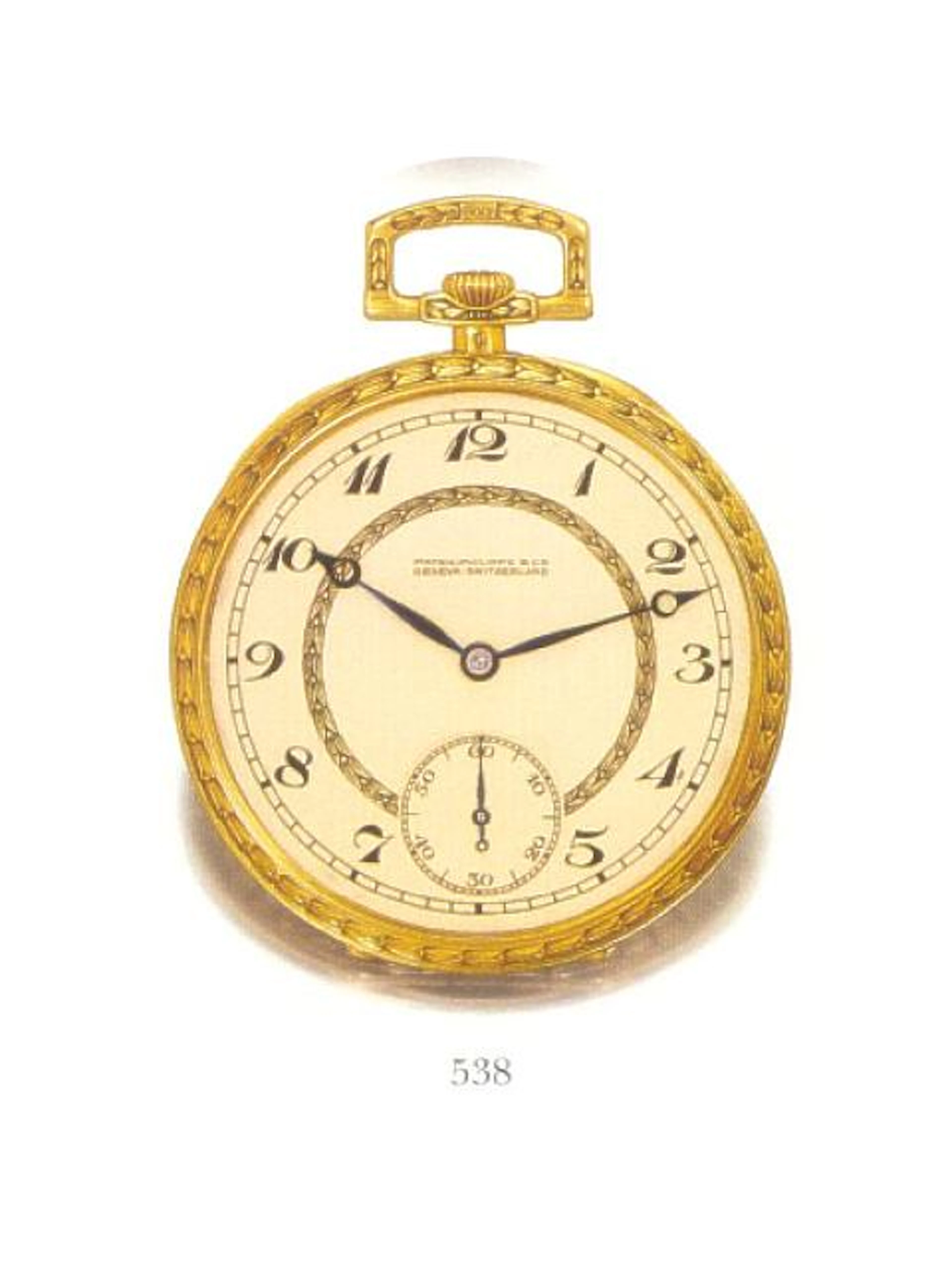 Patek Philippe & Cie, Genève, No. 190050, case No. 408371, circa 1915. Fine and rare 18K gold, Art Deco keyless dress watch with scroll decoration.