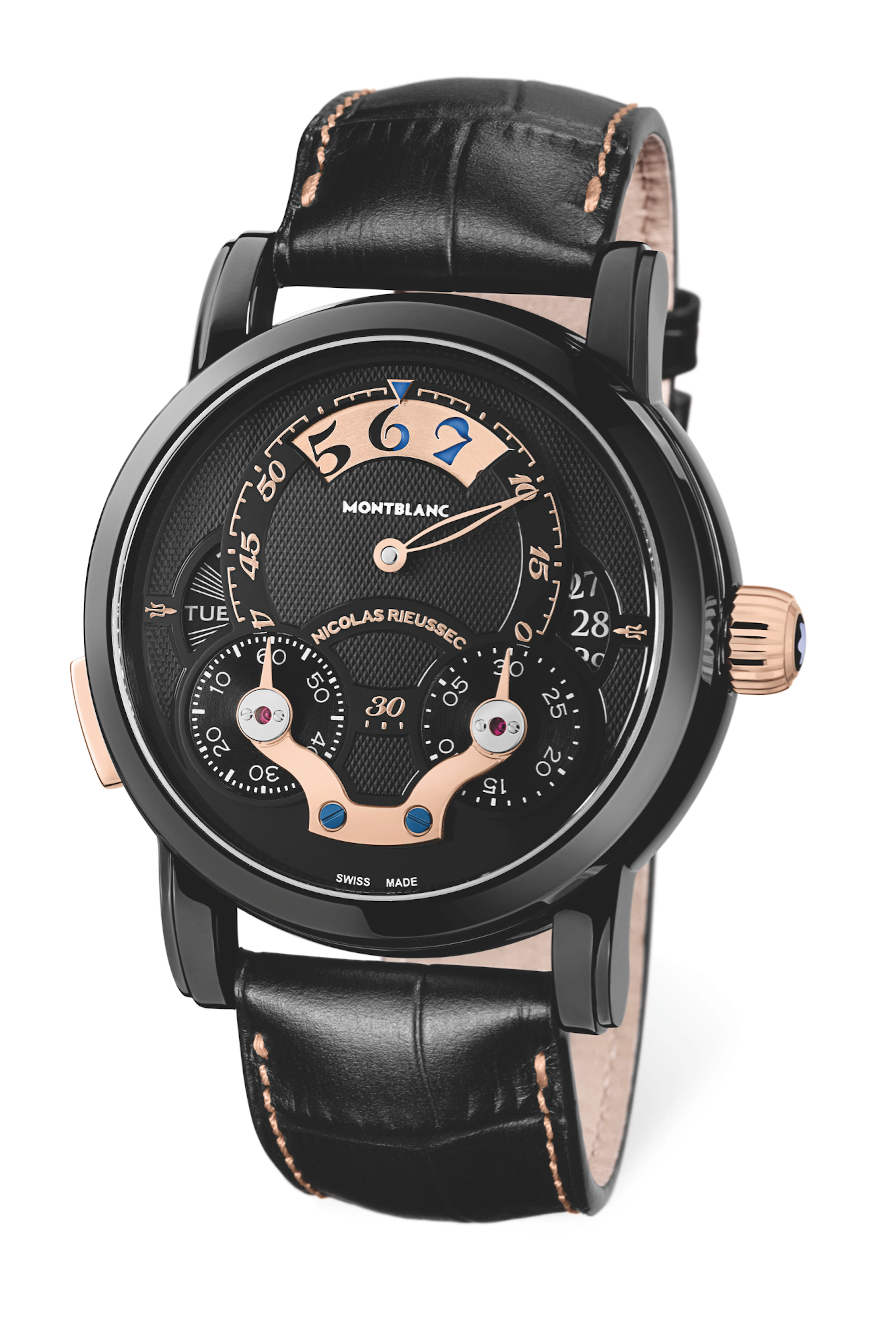 Montblanc Nicolas Rieussec Rising Hours for Monaco A fine and unique self-winding monopusher chronograph with hours on a turning disc and day/night indication in the hour display. Red gold and steel w