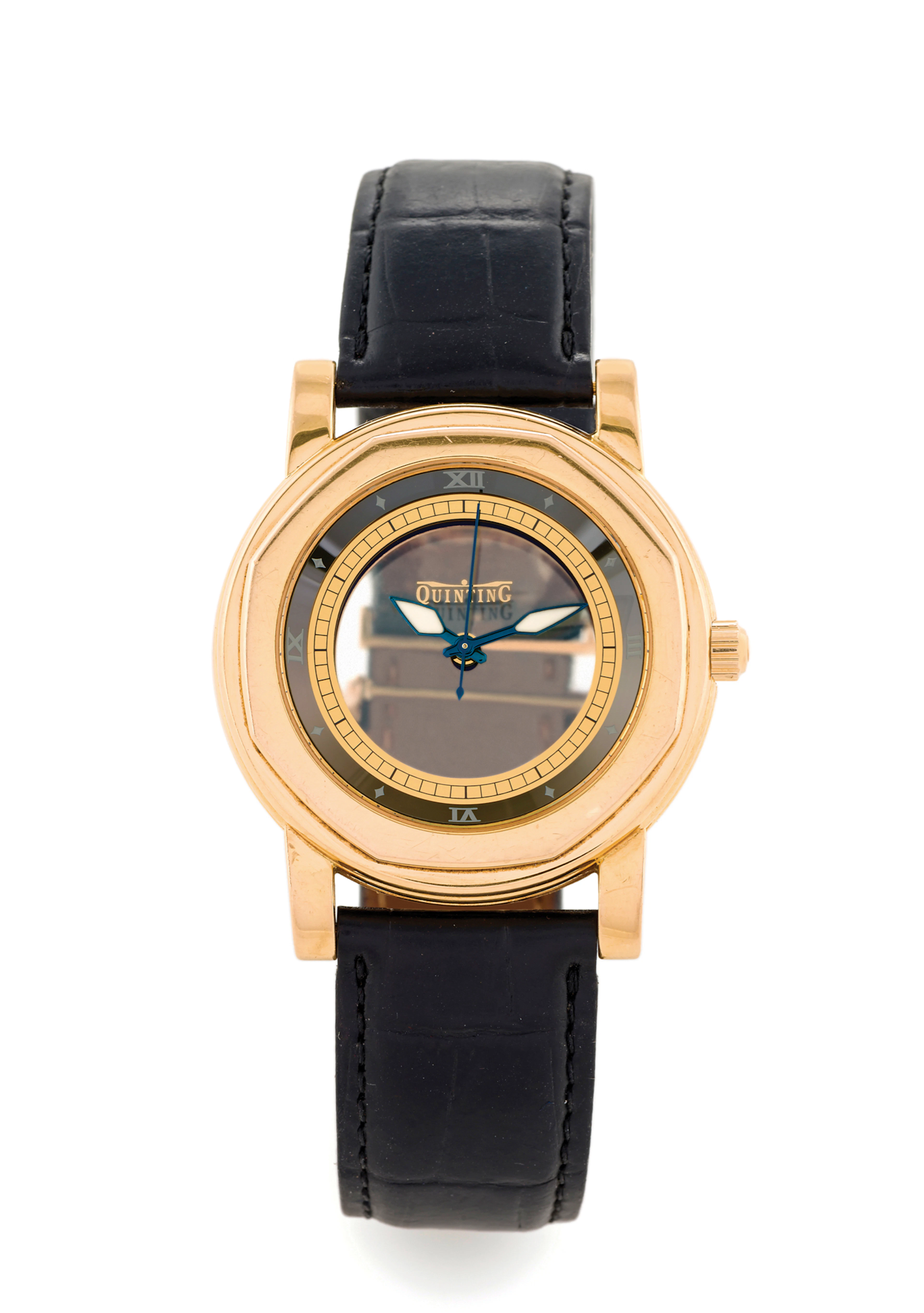 QUINTING - MONTRE MYSTERIEUSE Quinting, Geneve, "See-Through Watch", No. 006, Ref. Q2. Made in the 2000s. Fine and heavy, water-resistant, 18K yellow gold, center-seconds, quartz "mystery" wristwatch 