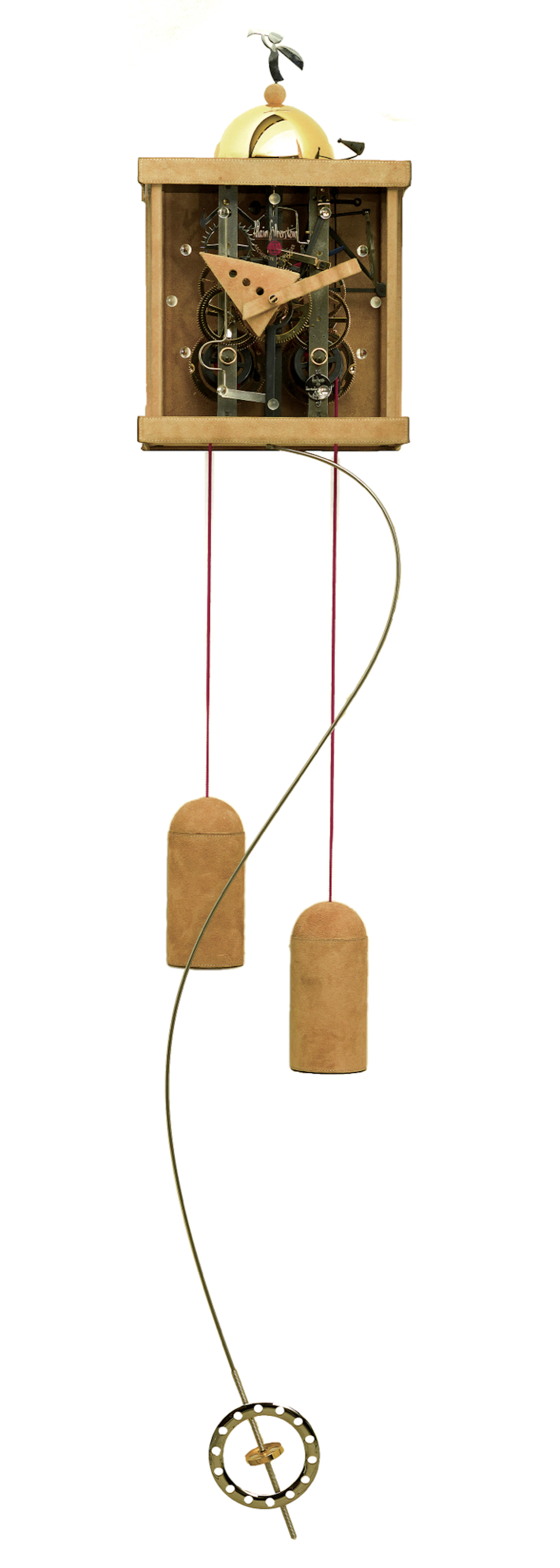 ALAIN SILBERSTEIN LIMITED EDITION "BAUHAUS" WALL CLOCK Alain Silberstein, Architecte Horloger, "Wall Kontwas Bauhaus", No. 63/99. Made in the 1990s. Fine, elegant and unusual, iron, gilt-brass, suede 