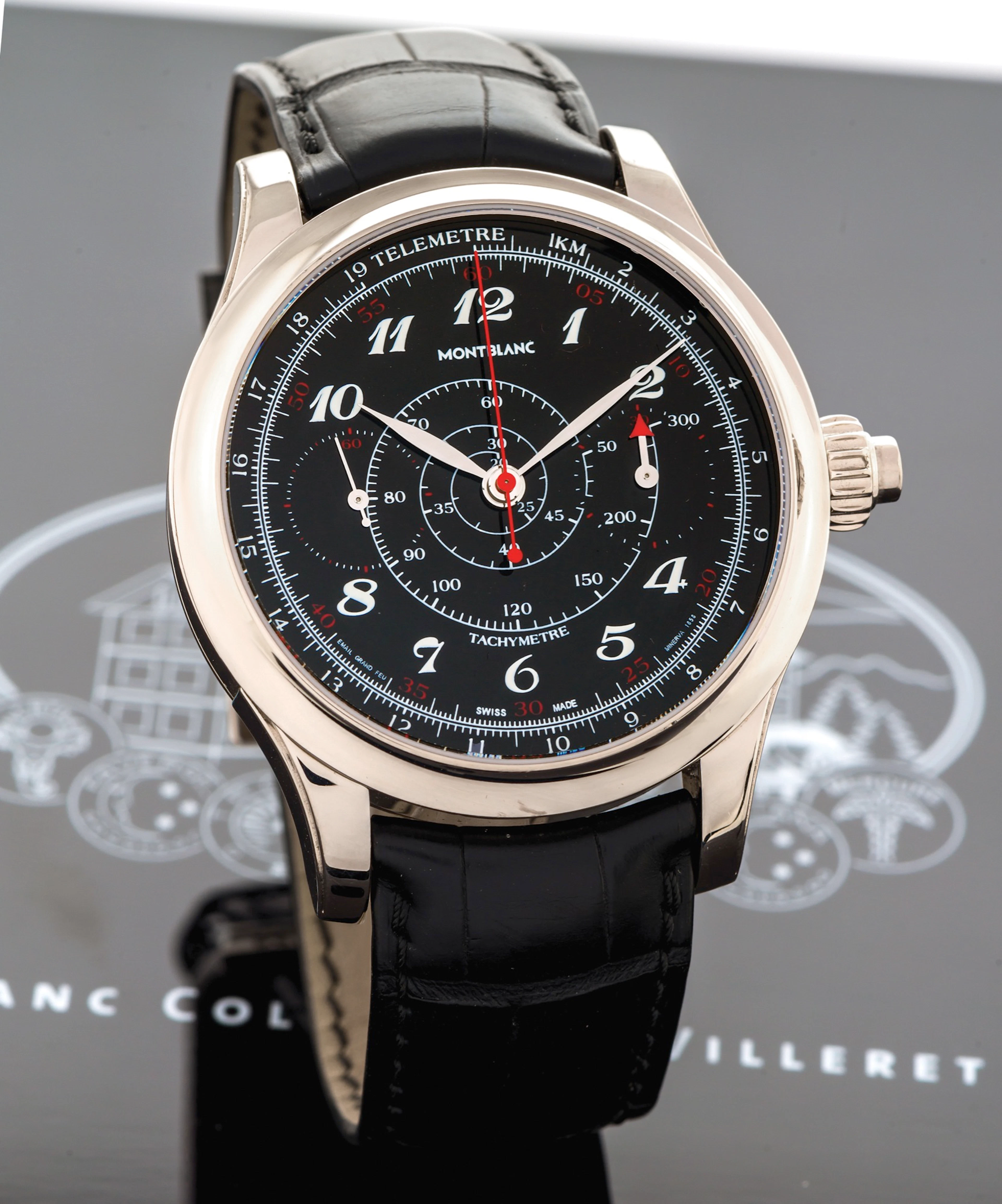 MONTBLANC VILLERET 1858 VINTAGE CHRONOGRAPHE - WHITE GOLD - LIMITED EDITION Montblanc, "Villeret 1858 Vintage Chronographe", No. 50/58, movement by Minerva No. 122248, case No. VE188938, Ref. M162911.