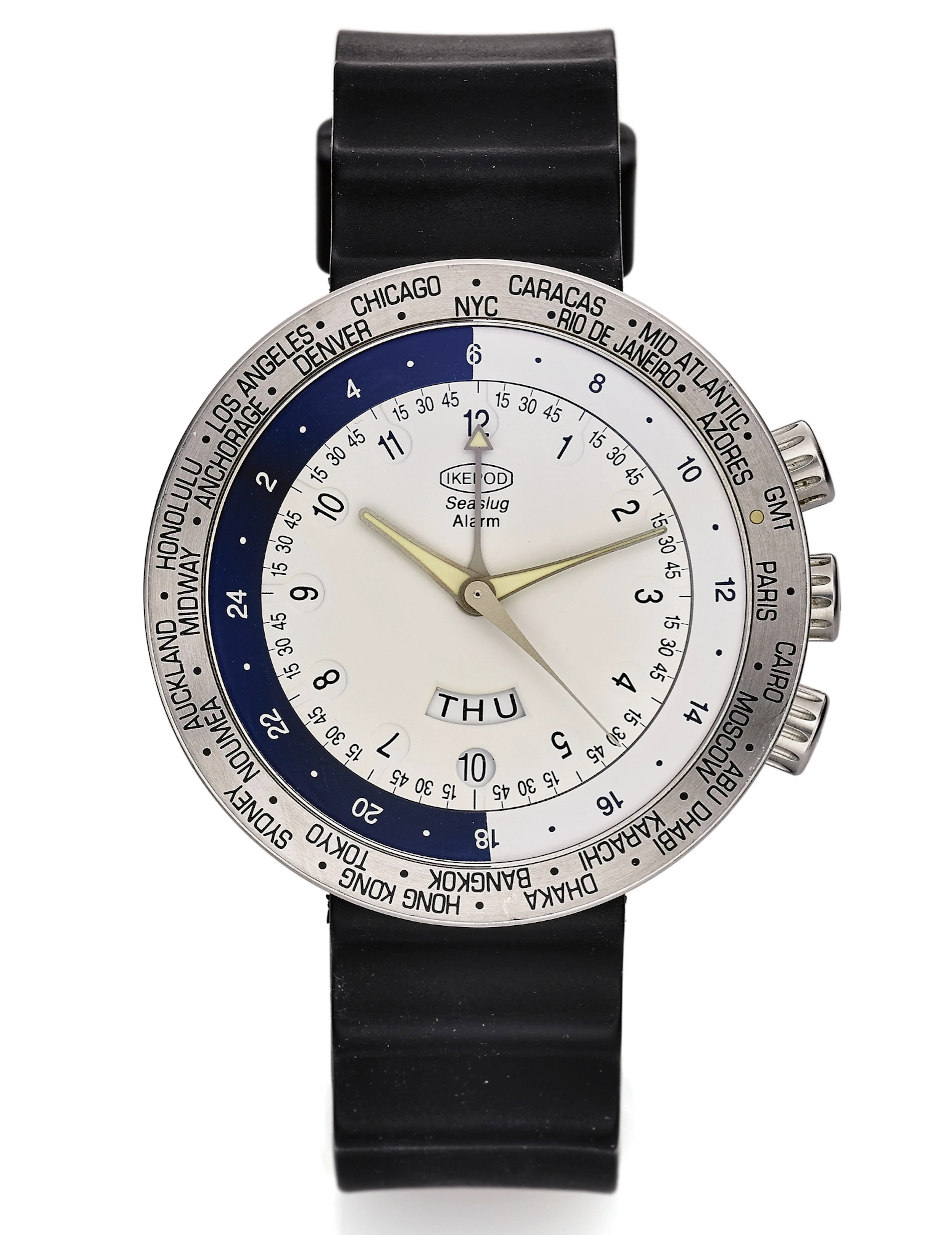 IKEPOD SEASLUG ALARM WORLD TIME STEEL Ikepod Watch Co., Mark Newson Design, No. 0003/9999, "Seaslug Alarm". Made in a limited edition of 9999 examples in the 2000's