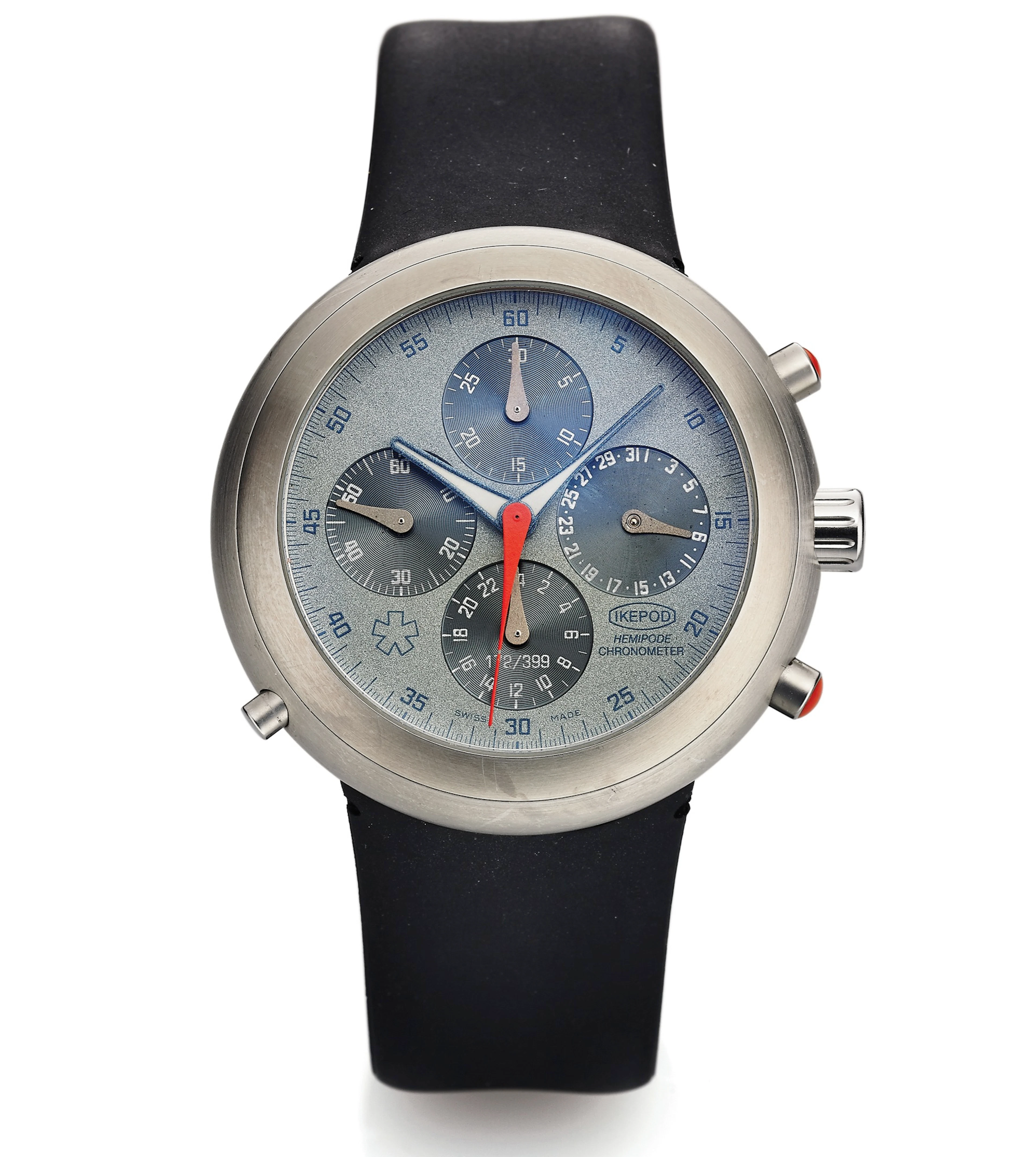 IKEPOD HEMIPODE CHRONOMETER STEEL Ikepod Watch Co., Mark Newson Design, No. 2628/9999, "Hemipode Chronometer". Made in a limited edition of 999 examples for Wallpaper in the 2000's