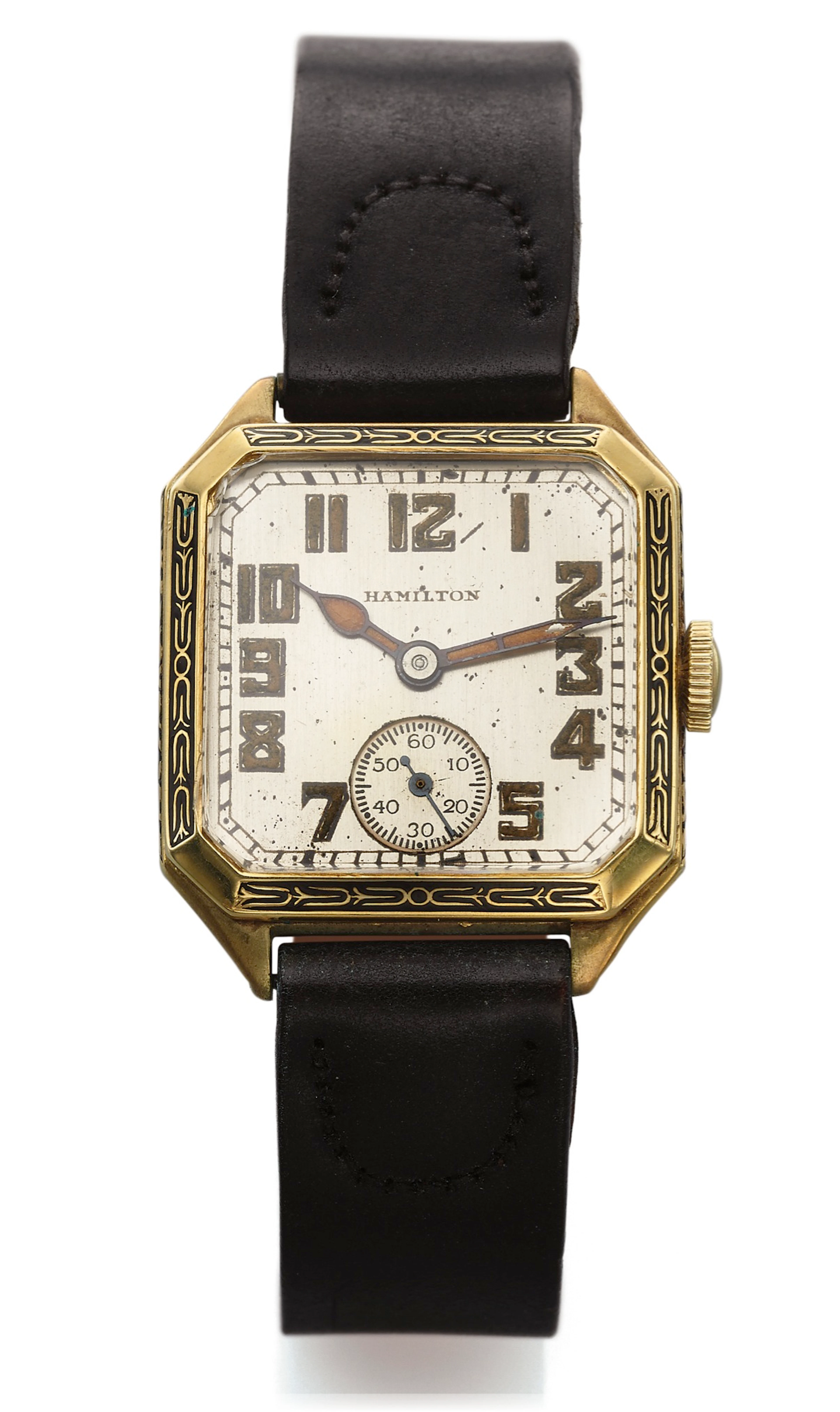 HAMILTON "FAHYS" YELLOW GOLD PRESENTED TO W. E. BOEING Hamilton Watch Co, Lancaster. PA. "Fahys," movement No. 4071645, case No. 297017. Made in 1929. Fine and rare, square, 14K yellow gold and black 