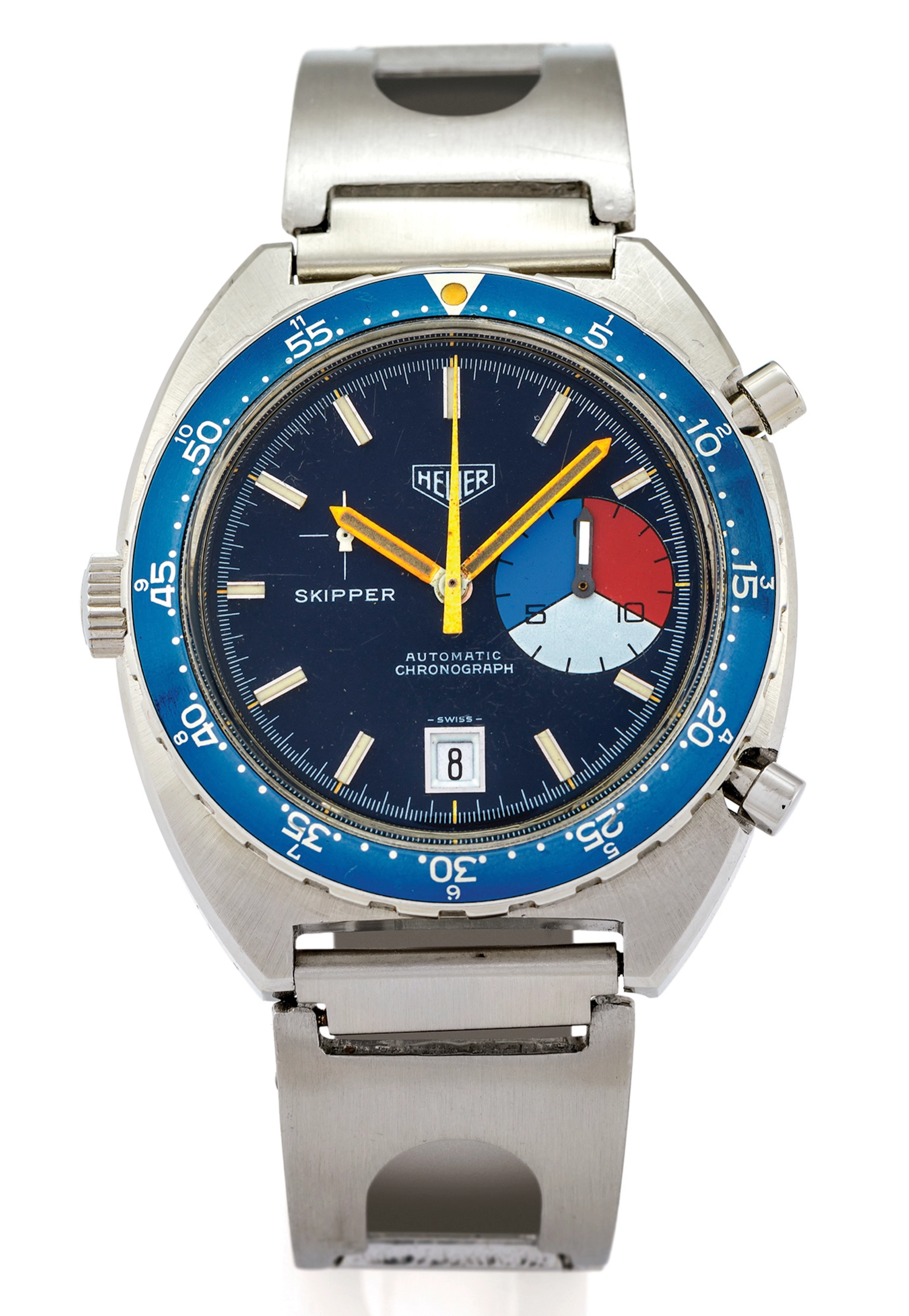 HEUER, REF. 1564, "SKIPPER" CHRONOGRAPH STEEL Heuer "Skipper" Chronograph,No. 278669, Ref. 1564/1163V. Made in the 1970s. Fine, tonneau-shaped, water-resistant, self-winding, stainless steel wristwatc