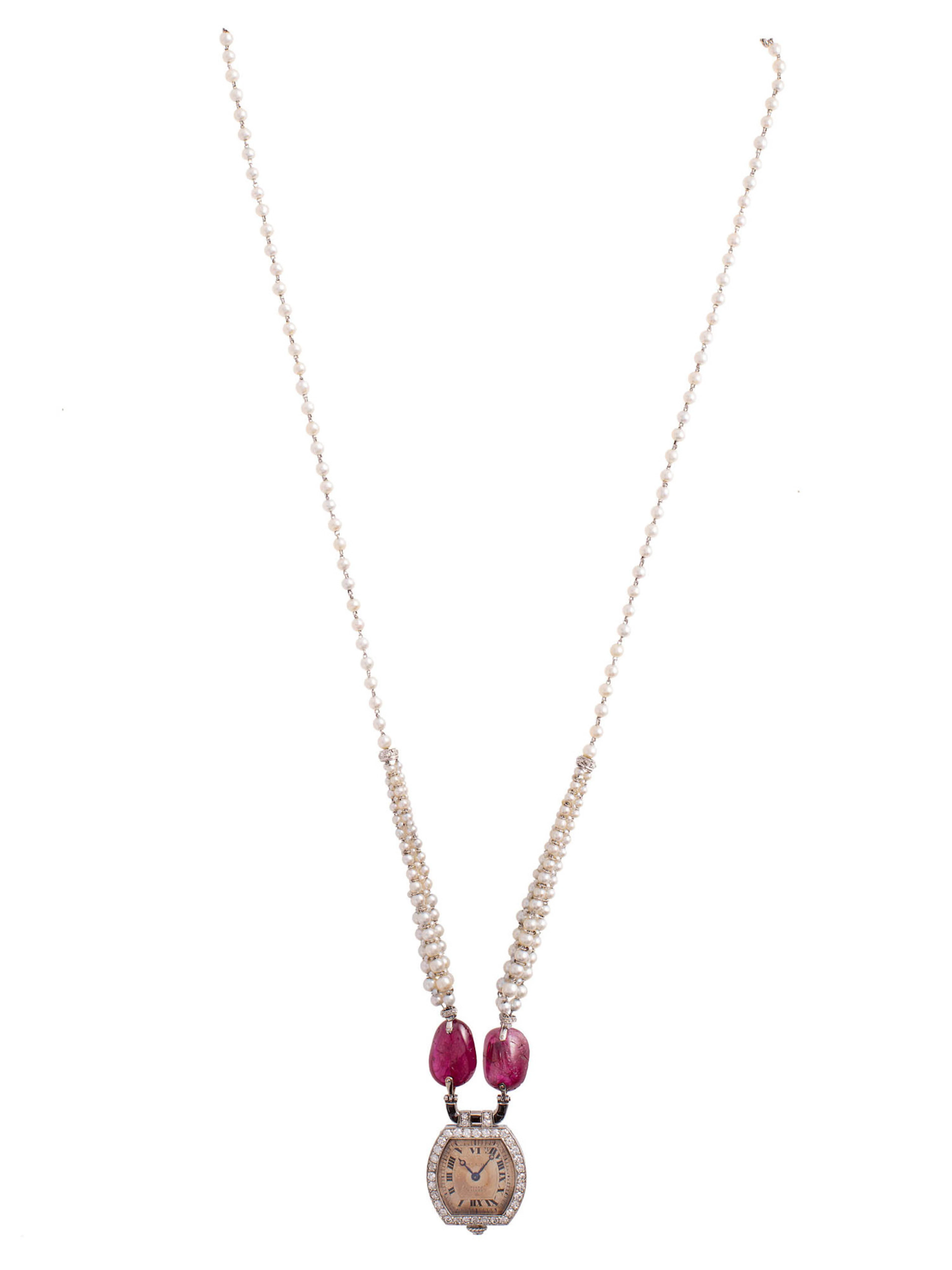 CARTIER PARIS SUPERB RUBY DIAMOND ONYX PEARL PENDANT WATCH