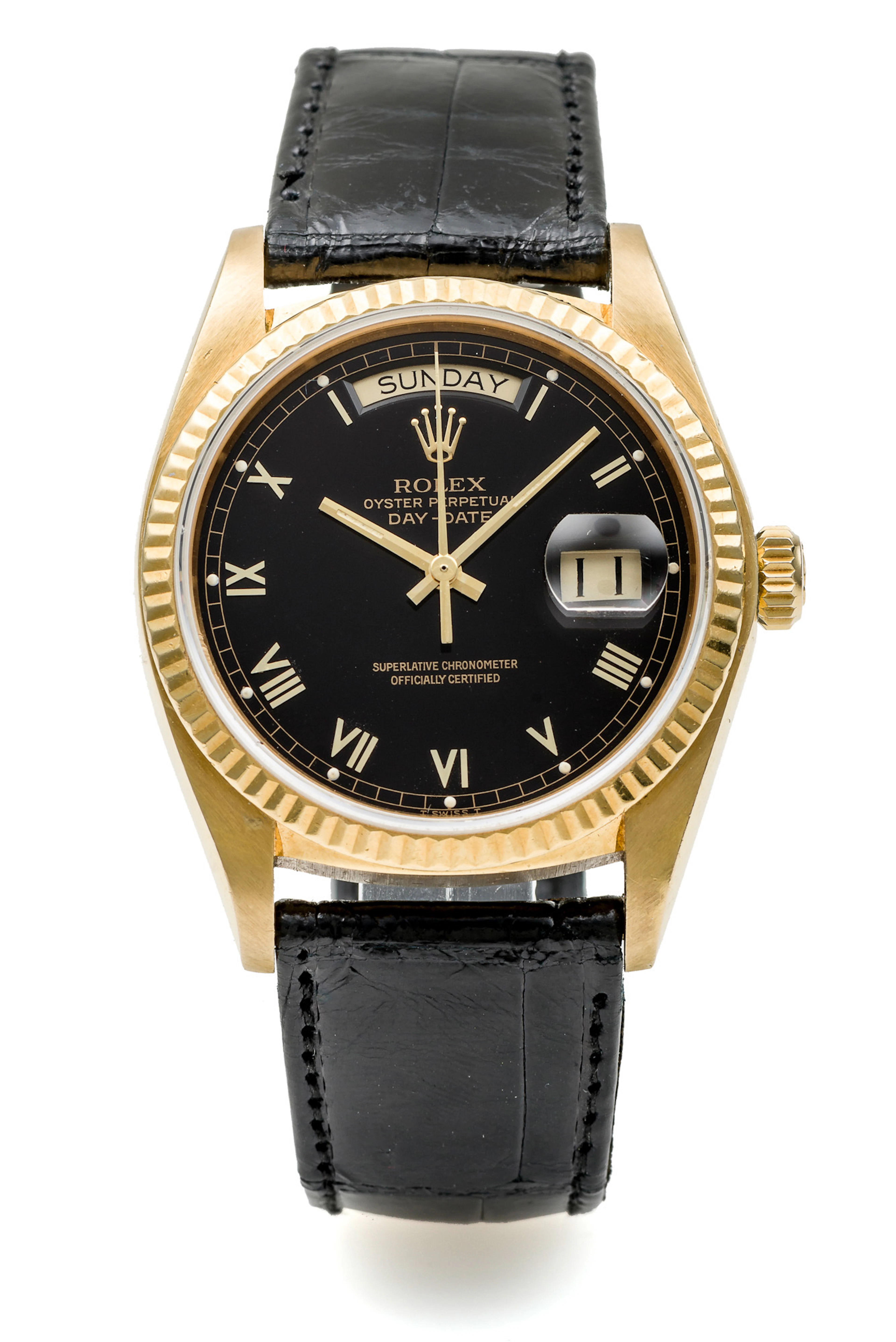 ROLEX DAY-DATE REF. 18038 BLACK ROMAN DIAL YELLOW GOLD