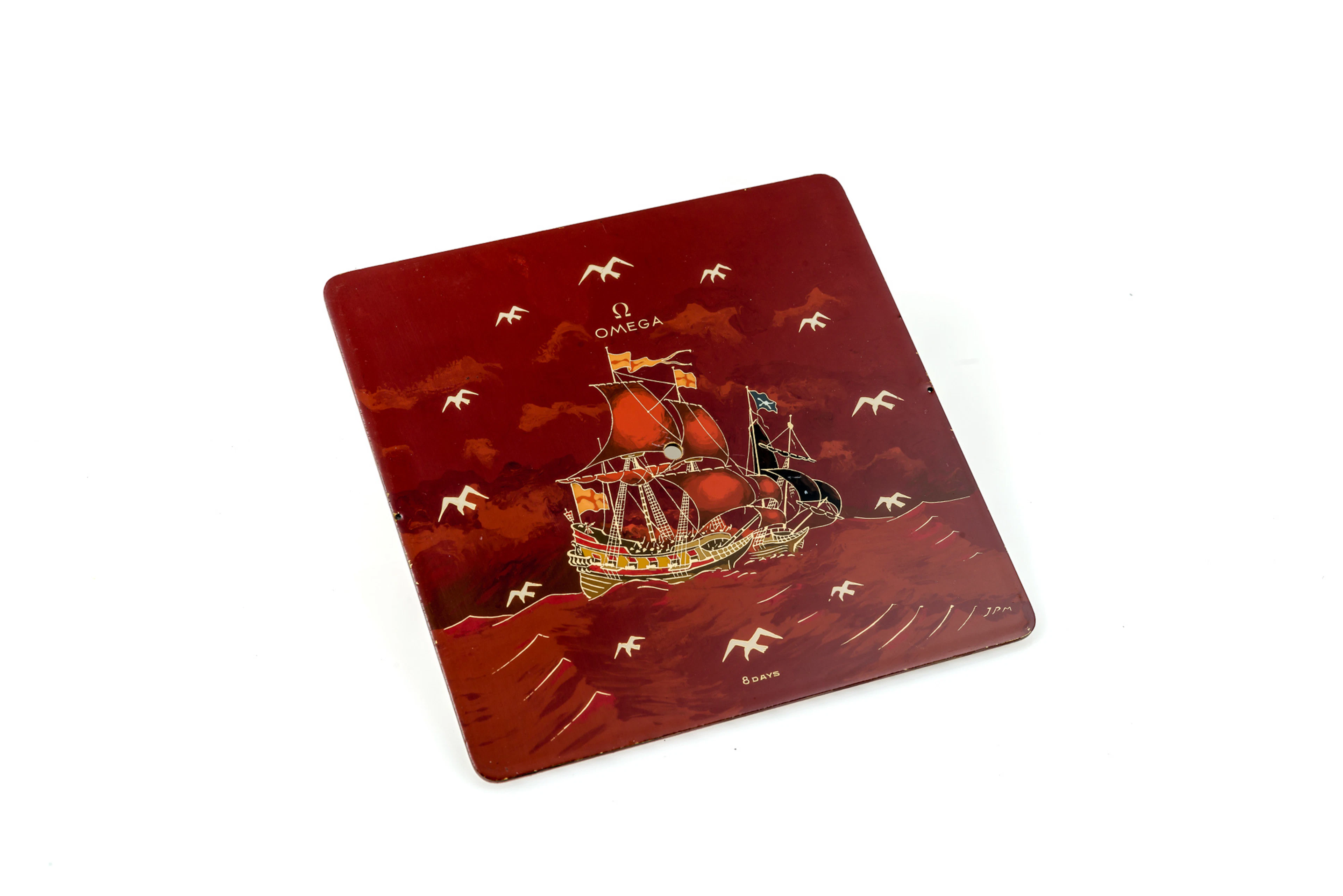 OMEGA, BRASS, RED LACQUER DESK CLOCK DIAL