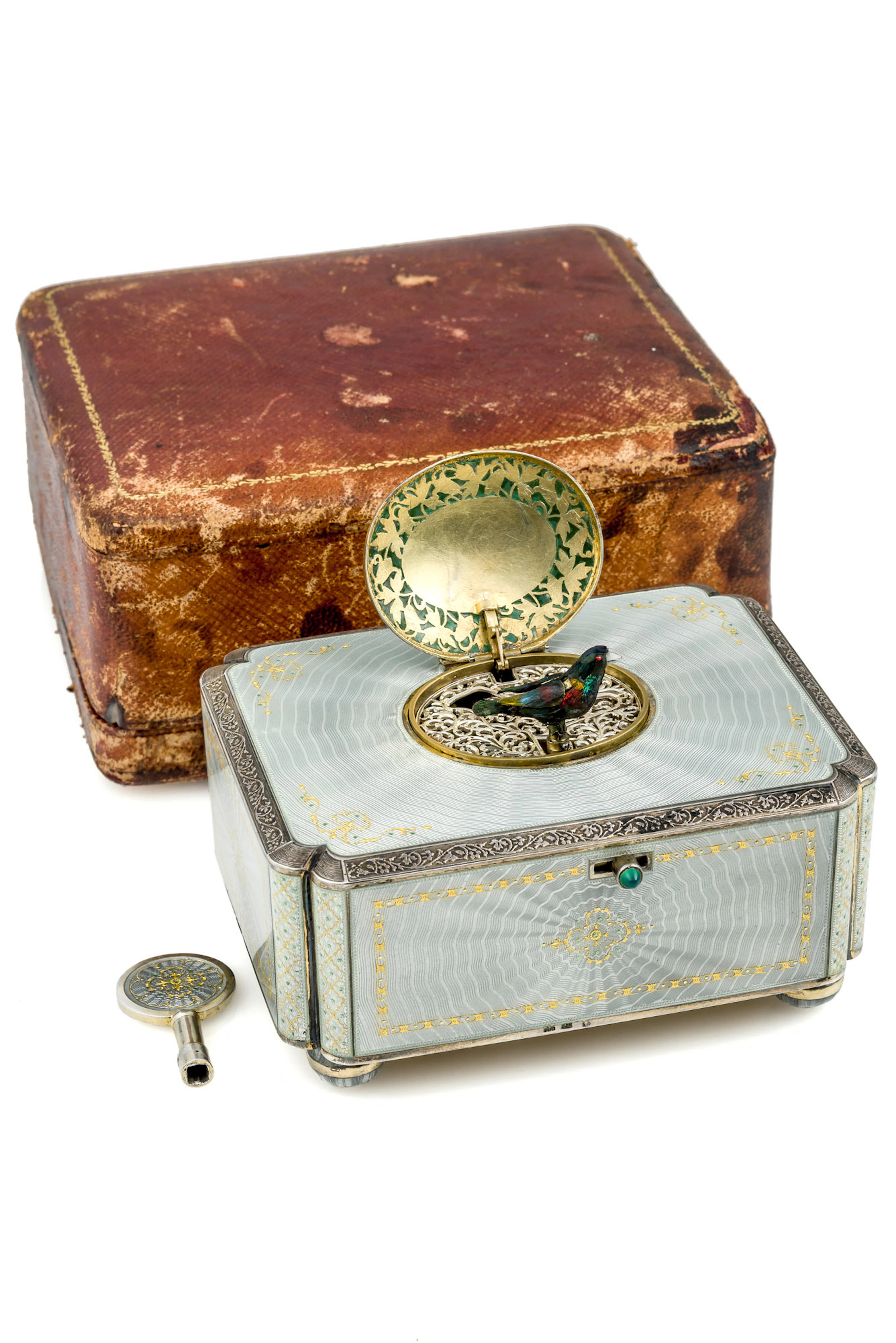 AUSTRIAN GUILLOCHE ENAMEL SINGING BIRD BOX